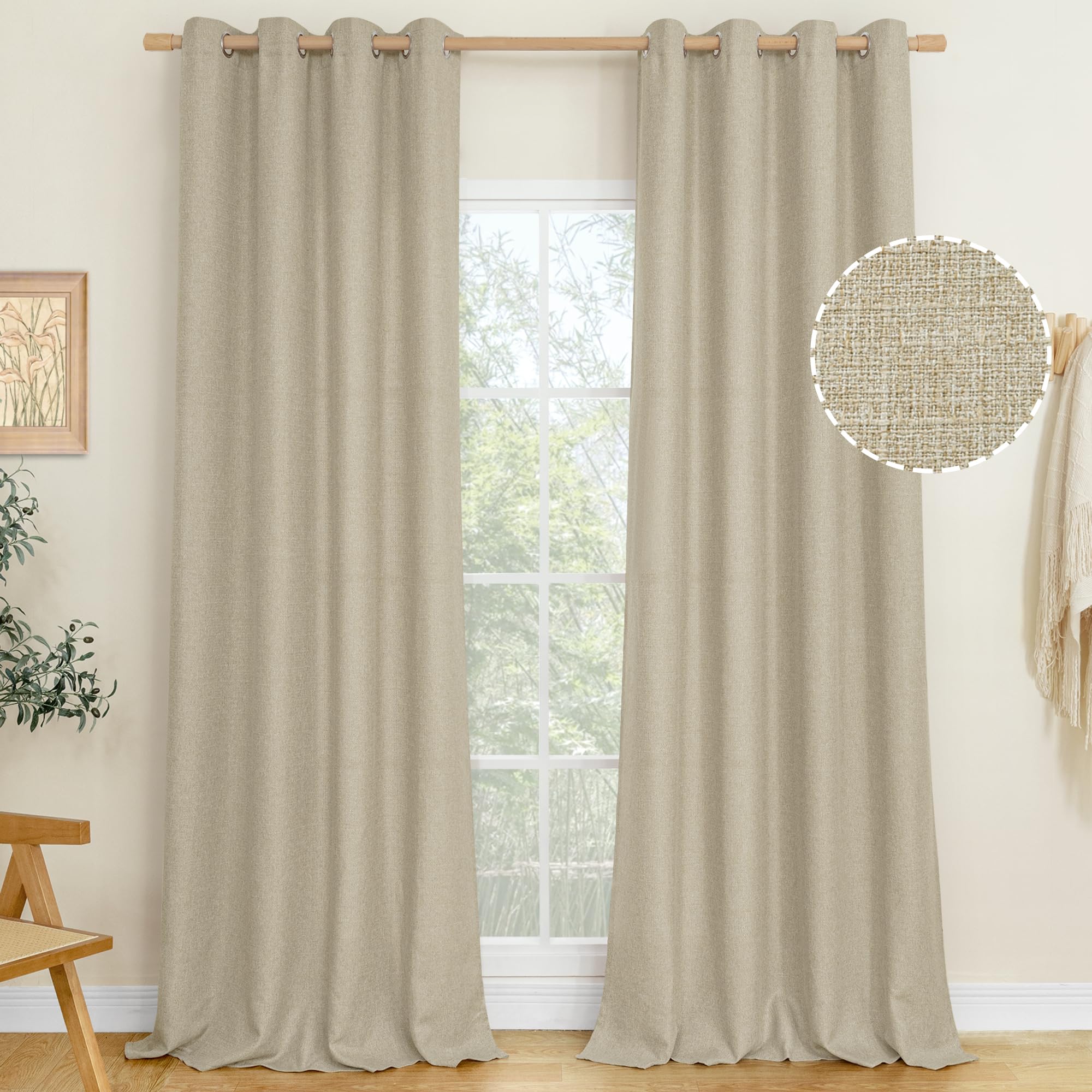 LAMIT Natural Beige Linen Curtains for Bedroom, 84 inches Grommet Thermal Insulated Thick Burlap Farmhouse Neutral Curtains Noise Reducing Light Filtering Drapes for Living Room, 2 Panels, W60 x L84
