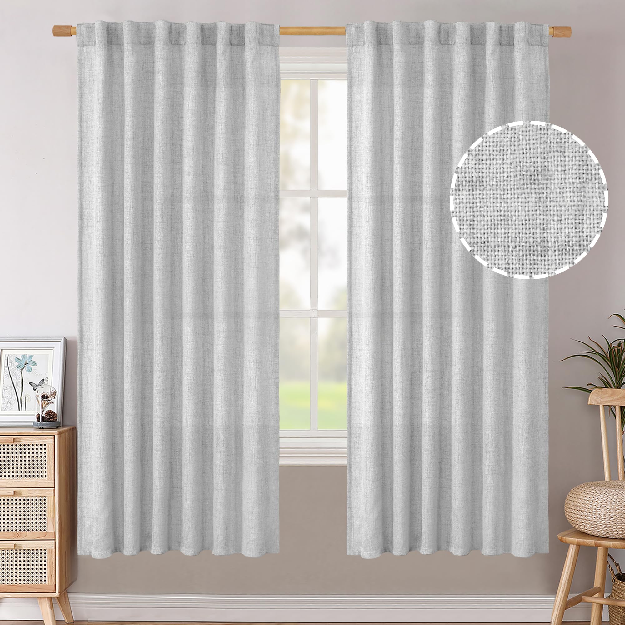 BGment Long 102 Inch Length Linen Curtains for Living Room, Natural Rod Pocket Textured Burlap Drapes Rustic Country Light Filtering for Bedroom Semi Sheer Back Tab, 2 Panel, 52 Inch Wide Each Panel