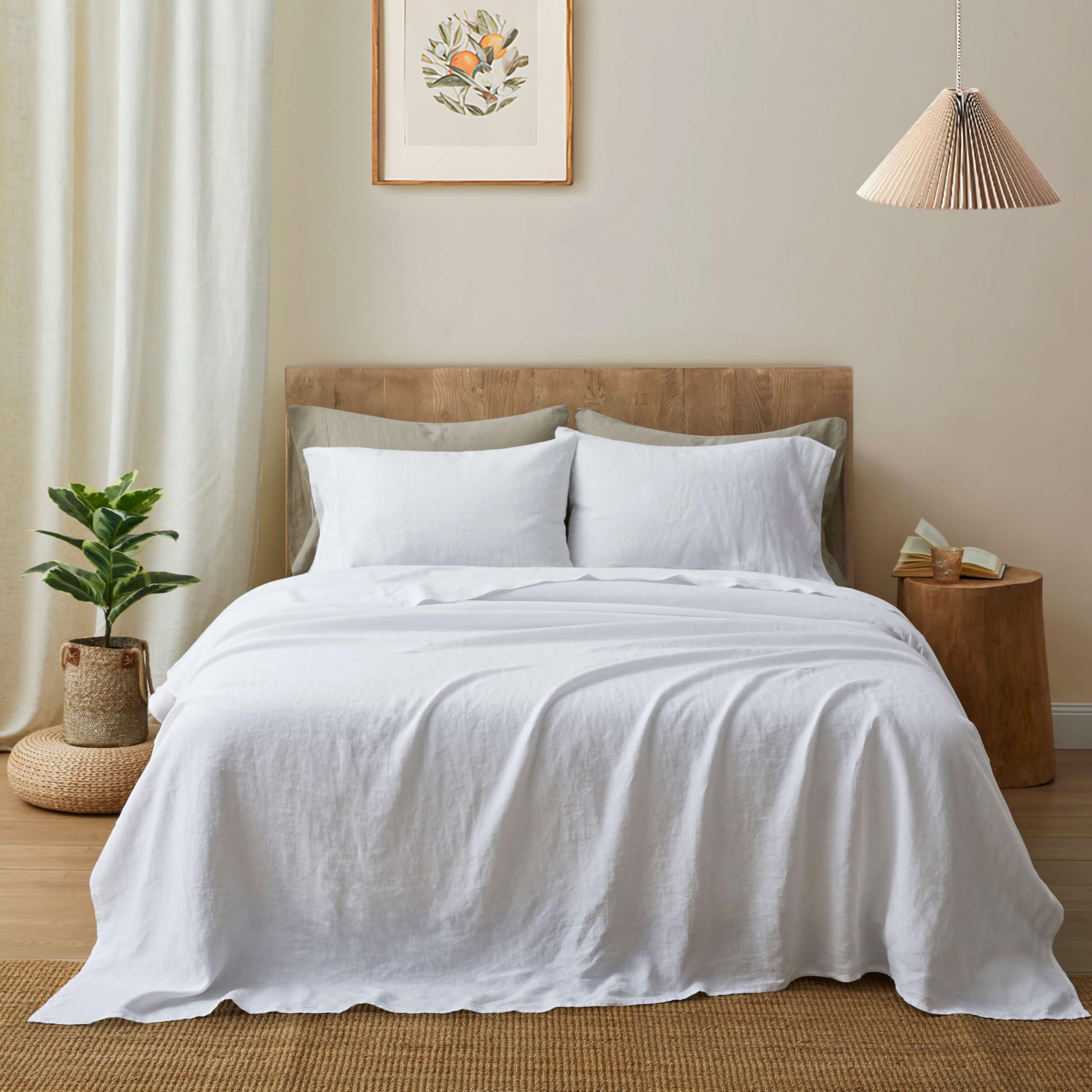 ATLINIA 100% Pure Flax Linen Bedding Set - Stone Washed French Linen Fabric Deep Pocket Fitted Sheet Farmhouse Flat Sheet 2 Pillowcases (Natural, Queen)