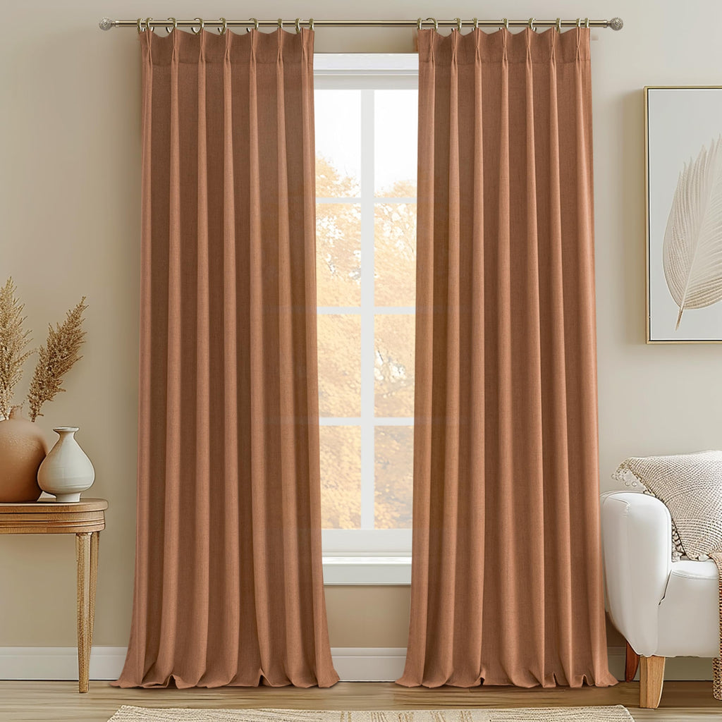 PleatedDrapes 96 Inch Curtains 2 Panel Set, Modern Linen Pleat Back Tab Dining Room Window Curtains Light Filtering Aesthetic Semi Sheer Living Room Drapes with Hooks Ring Cream Oatmeal W40 x L96