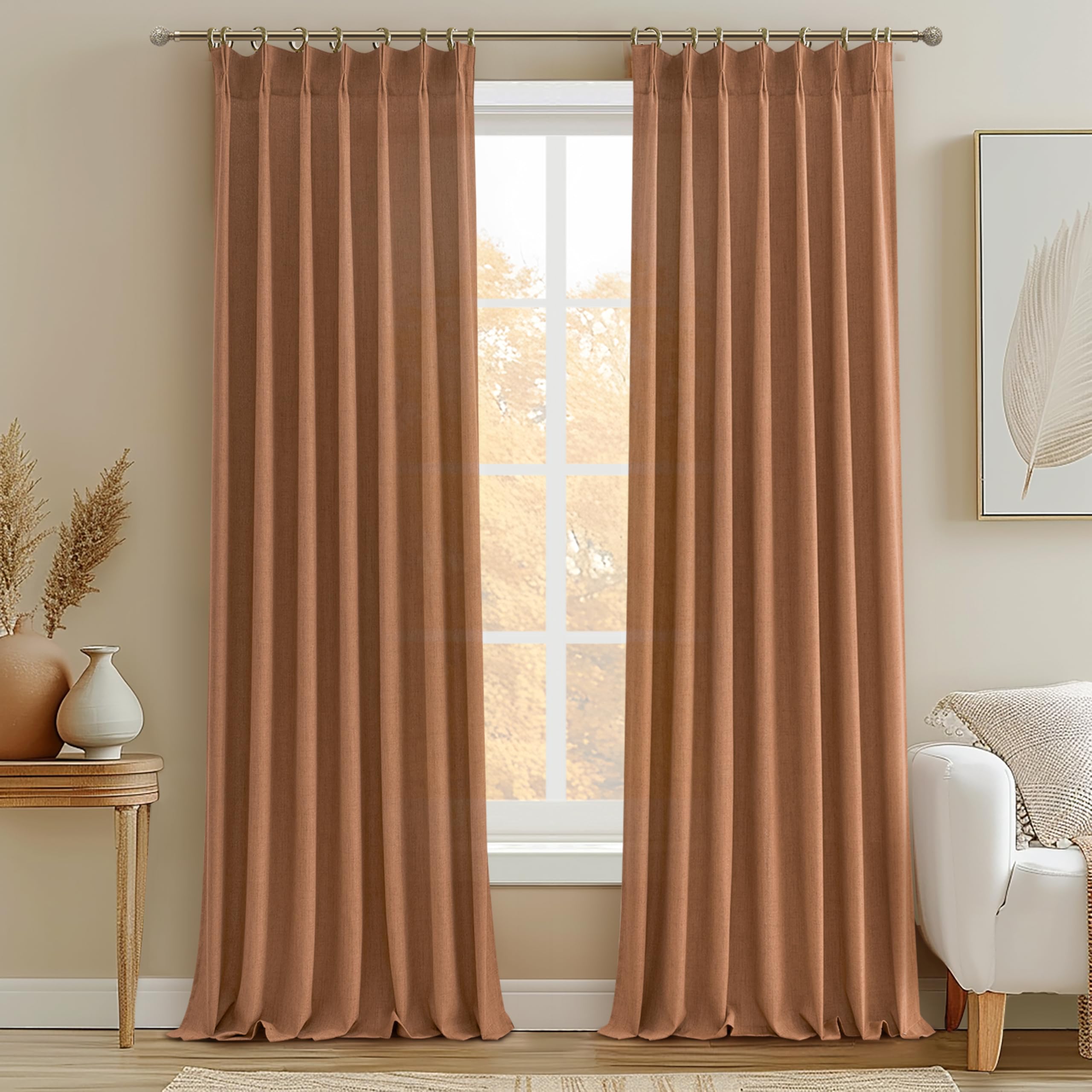 PleatedDrapes 96 Inch Curtains 2 Panel Set, Modern Linen Pleat Back Tab Dining Room Window Curtains Light Filtering Aesthetic Semi Sheer Living Room Drapes with Hooks Ring Cream Oatmeal W40 x L96