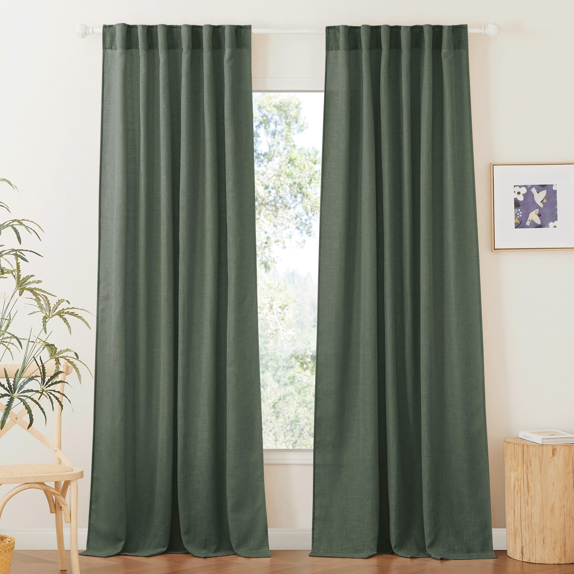 RYB HOME Farmhouse Sheer Curtains 108 inch Length, Semi Sheer Curtain & Drapes Large Window Dressing Lights & Winds Filter for Bedroom Home Office Living Room, Linen, W 70 x L 108 inch Long, 1 Pair
