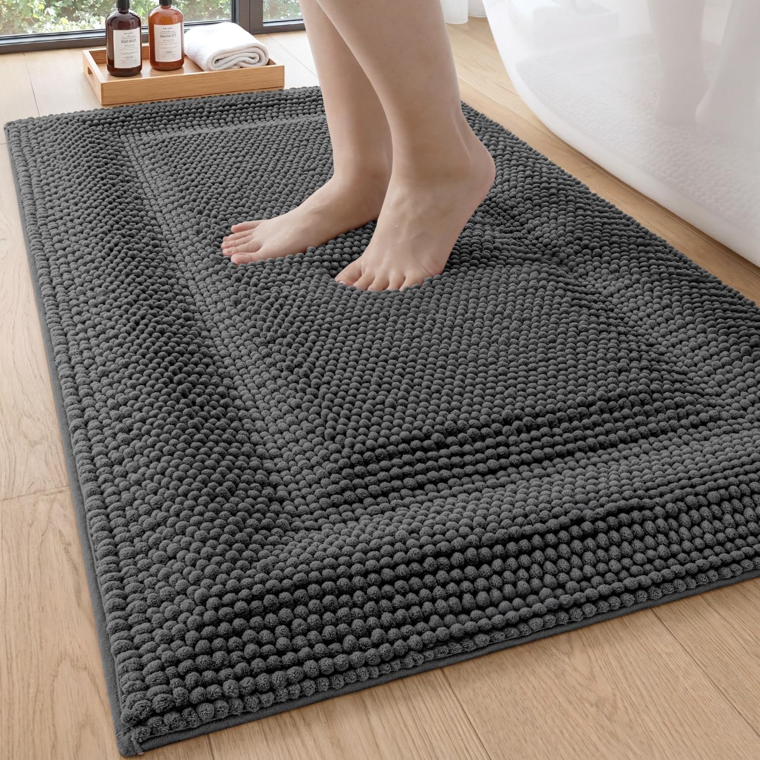 DEXI Bathroom Rugs 24x43, Non Slip Washable Bath Mat, Luxury Chenille Super Absorbent Ultra Thick Bathmats for Shower Floor, Plush Fluffy Shaggy Carpet for Tub, Beige