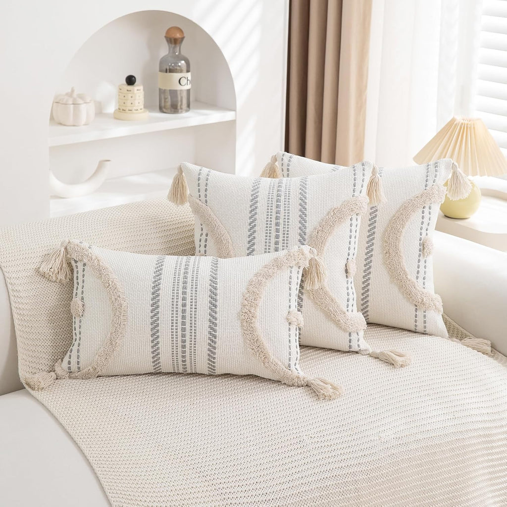 2-Pack 18×18" Beige Boho Tufted Pillow Covers with Tassels, Woven Cotton Decor Cases for Sofa & Bed