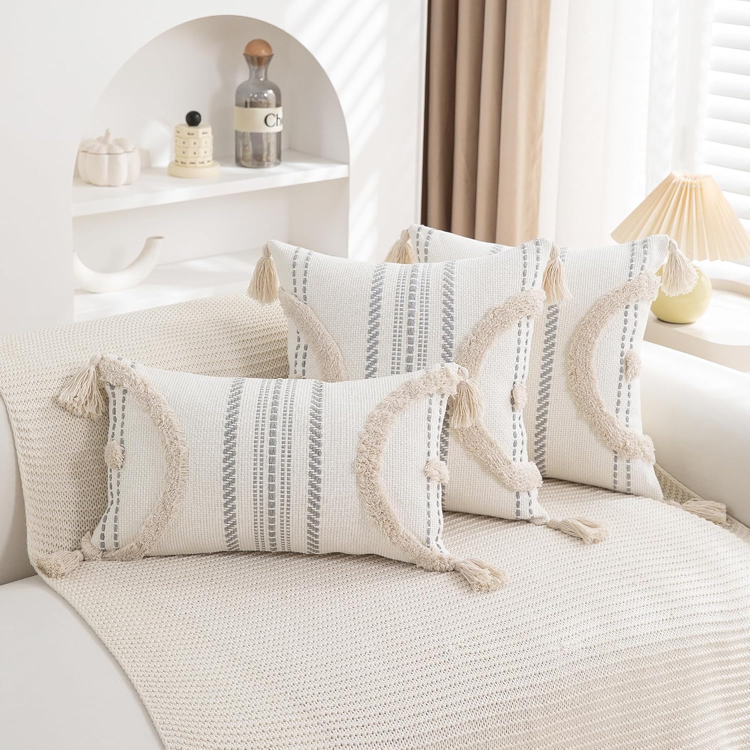 2-Pack 18×18" Beige Boho Tufted Pillow Covers with Tassels, Woven Cotton Decor Cases for Sofa & Bed