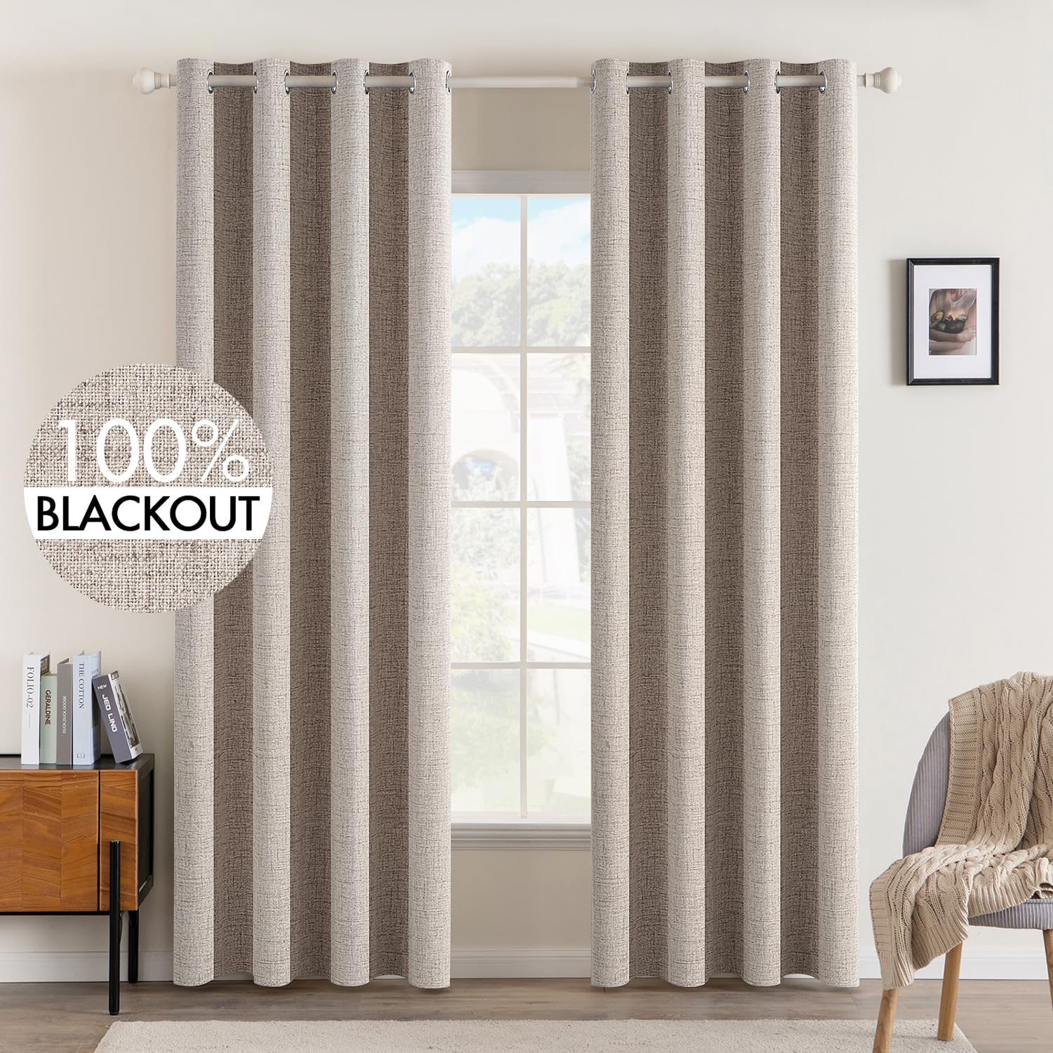 MIULEE 100% Blackout Linen Curtains for Bedroom Thermal Insulated Birch Grommet Room Darkening Curtains & Drapes for Living Room Nursery 52 x 96 Inch (2 Panels)
