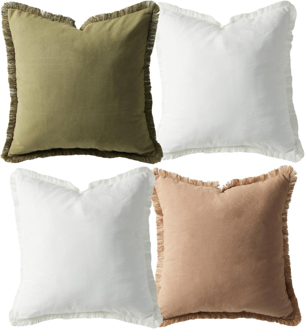 Boho Fringe Throw Pillow Covers Set of 4, Washed Cotton Decorative Square Cushion Cases with Raw Edge Fringe, Neutral Earth Tone Farmhouse Decor Pillow Covers for Sofa Couch Bed Home Decoration