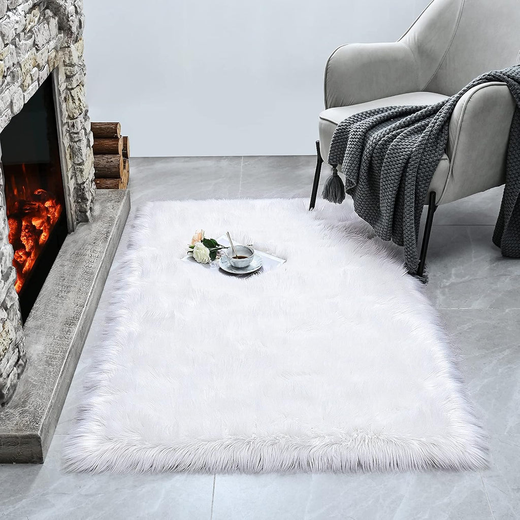 ISEAU Soft Faux Fur Fluffy Area Rug, Luxury Fuzzy Sheepskin Carpet Rugs for Bedroom Living Room, Shaggy Silky Plush Carpet Bedside Rug Floor Mat, 2ft x 3ft, White
