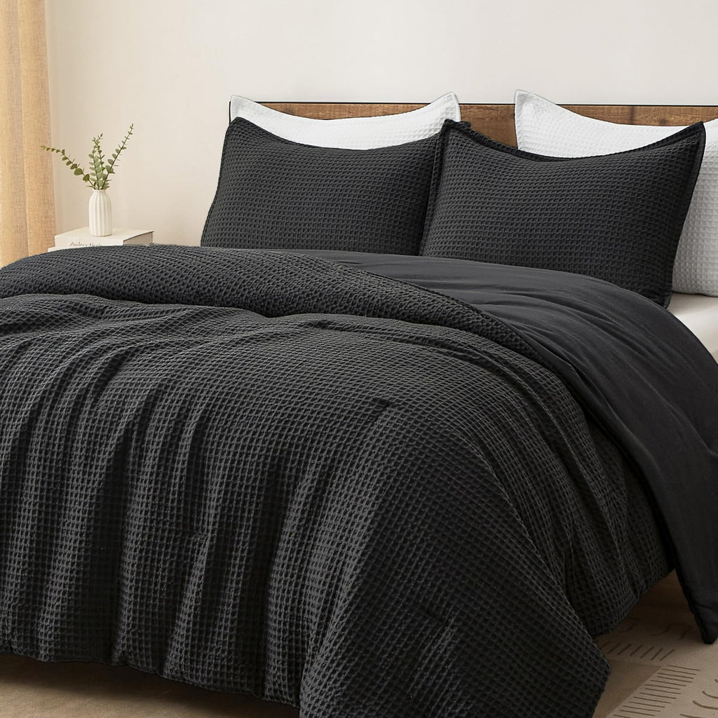 PHF Ultra Soft Waffle Weave Comforter Set Queen Size, 3 Pieces Lightweight Breathable Comfy Bedding Set, Comfy Textured 1 Comforter with 2 Pillow Shams, Linen