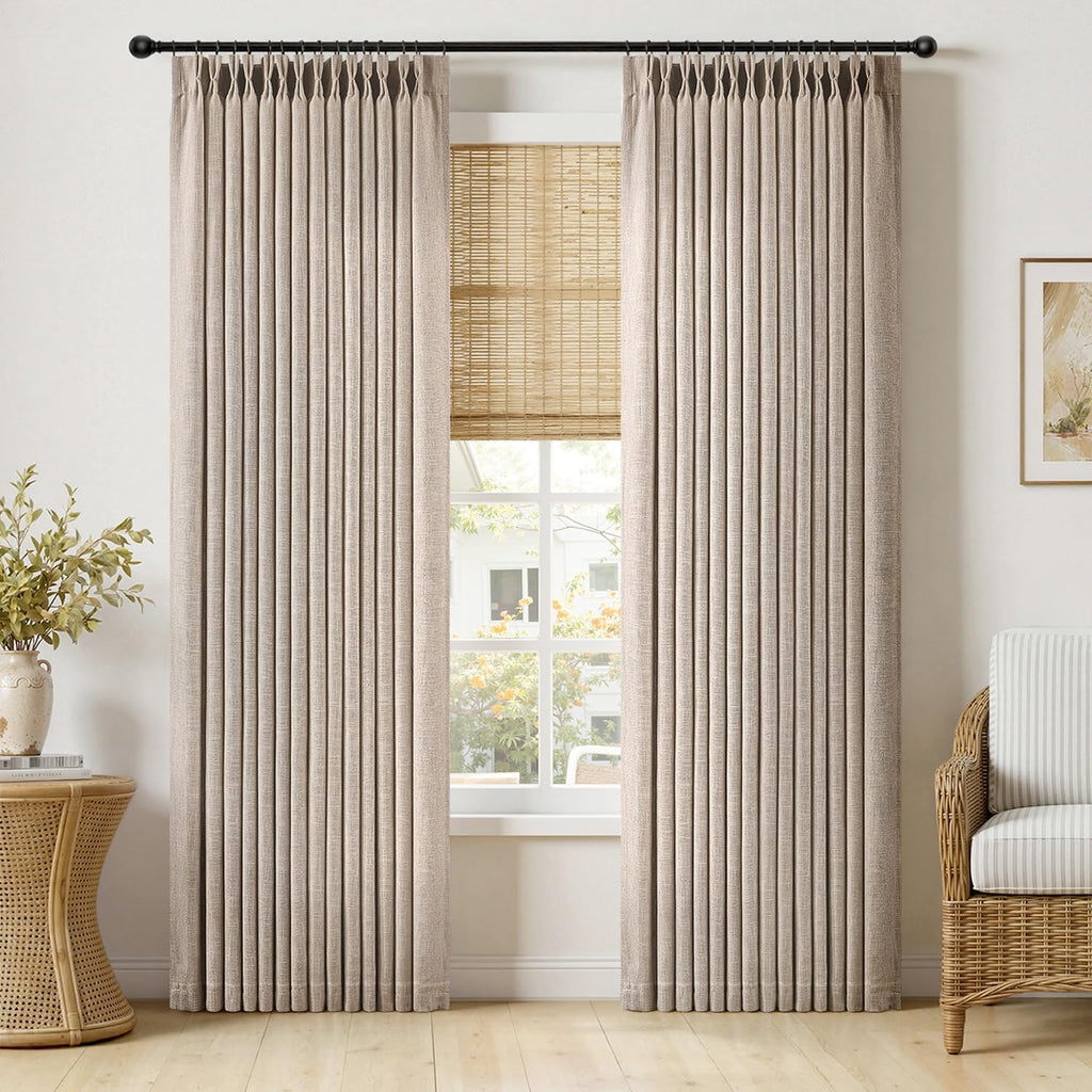 MIULEE Pinch Pleated Thick Linen Curtains 90 Inches Long 2 Panels for Living Room Bedroom, Linen Texture Memory Trained Drapes Pinch Pleat Rustic Farmhouse Window Curtains with Hooks&Rings, Taupe