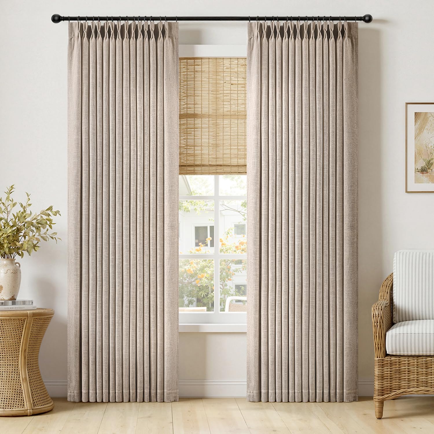 MIULEE Pinch Pleated Thick Linen Curtains 90 Inches Long 2 Panels for Living Room Bedroom, Linen Texture Memory Trained Drapes Pinch Pleat Rustic Farmhouse Window Curtains with Hooks&Rings, Taupe