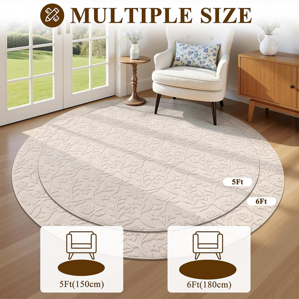 Vaukki Round Rug for Living Room, Soft Fluffy Washable Modern Floral Indoor Floor Mat, Non Slip Shaggy Boho Accent Throw Carpet for Bedroom, Living Room, Nursery and Dining Room, Beige, Round-6Ft