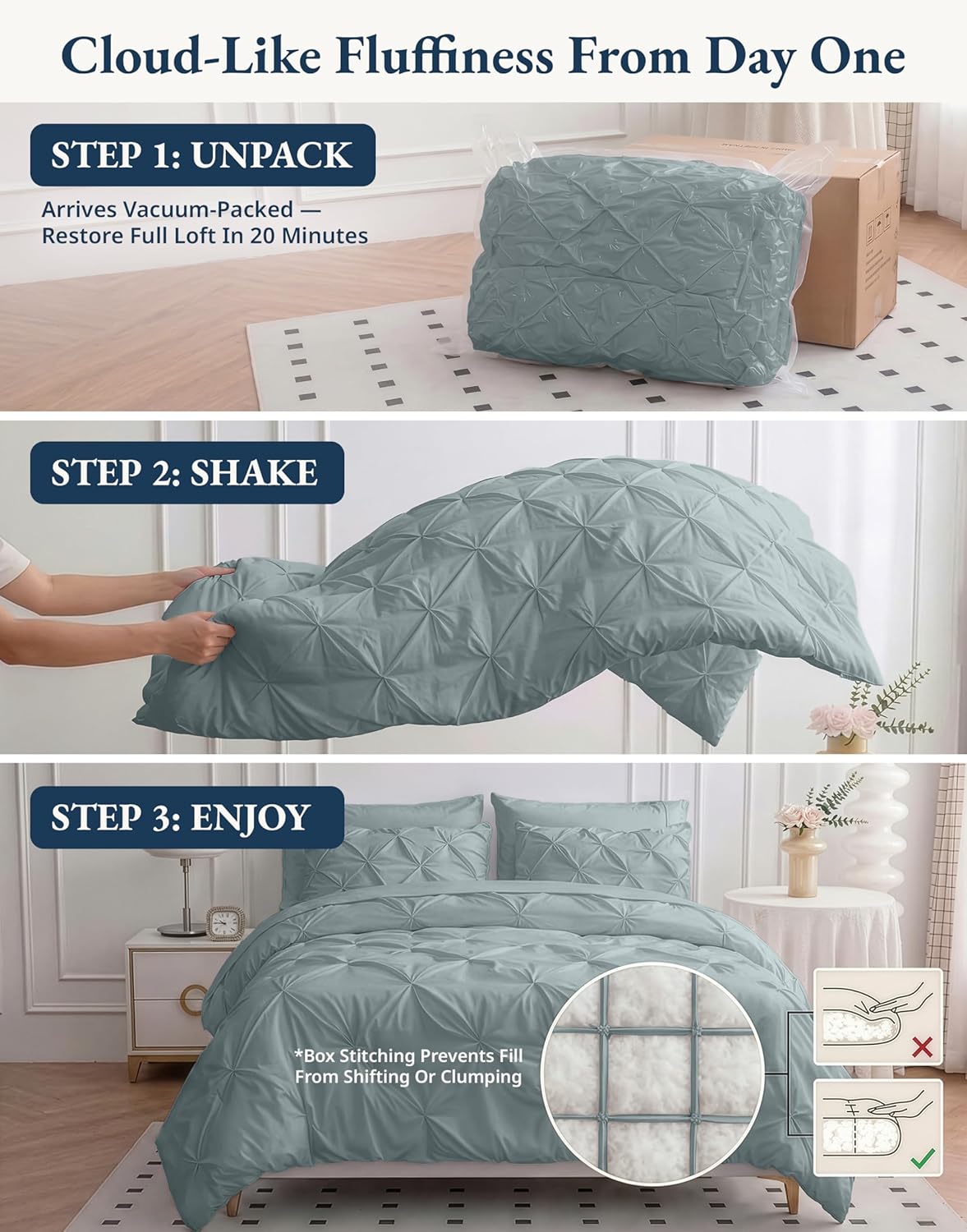 LANE LINEN Full Size Bed Comforter - 7 Piece - Refined Pintuck Finish for Hotel Style Bedding - Breathable Microfiber Bed in a Bag Comforter - Ideal for Apartments & First Homes - French Blue | Hotel sleep feel