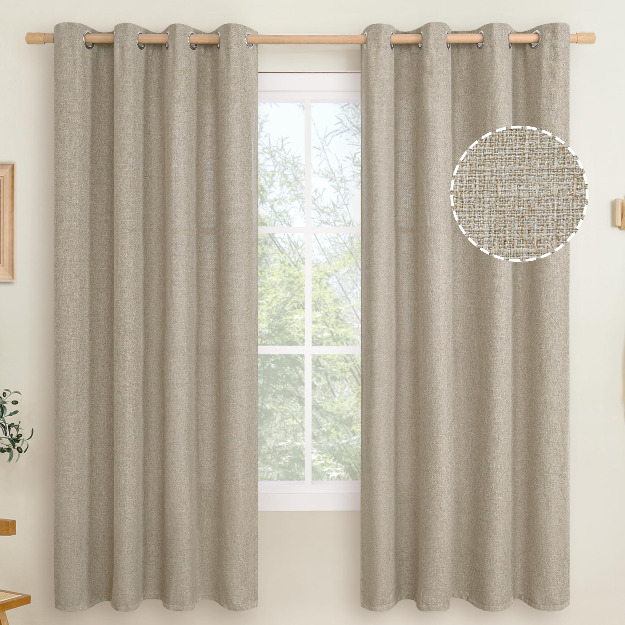 LAMIT Natural Beige Linen Curtains for Bedroom, 84 inches Grommet Thermal Insulated Thick Burlap Farmhouse Neutral Curtains Noise Reducing Light Filtering Drapes for Living Room, 2 Panels, W60 x L84