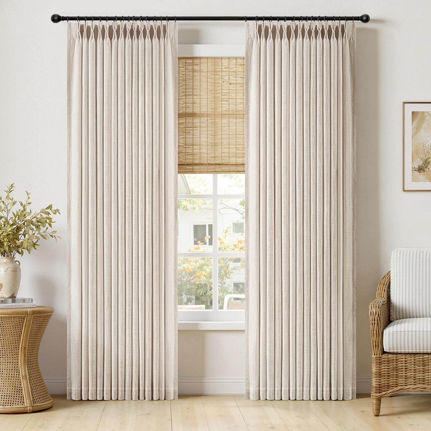 MIULEE Pinch Pleated Thick Linen Curtains 90 Inches Long 2 Panels for Living Room Bedroom, Linen Texture Memory Trained Drapes Pinch Pleat Rustic Farmhouse Window Curtains with Hooks&Rings, Taupe