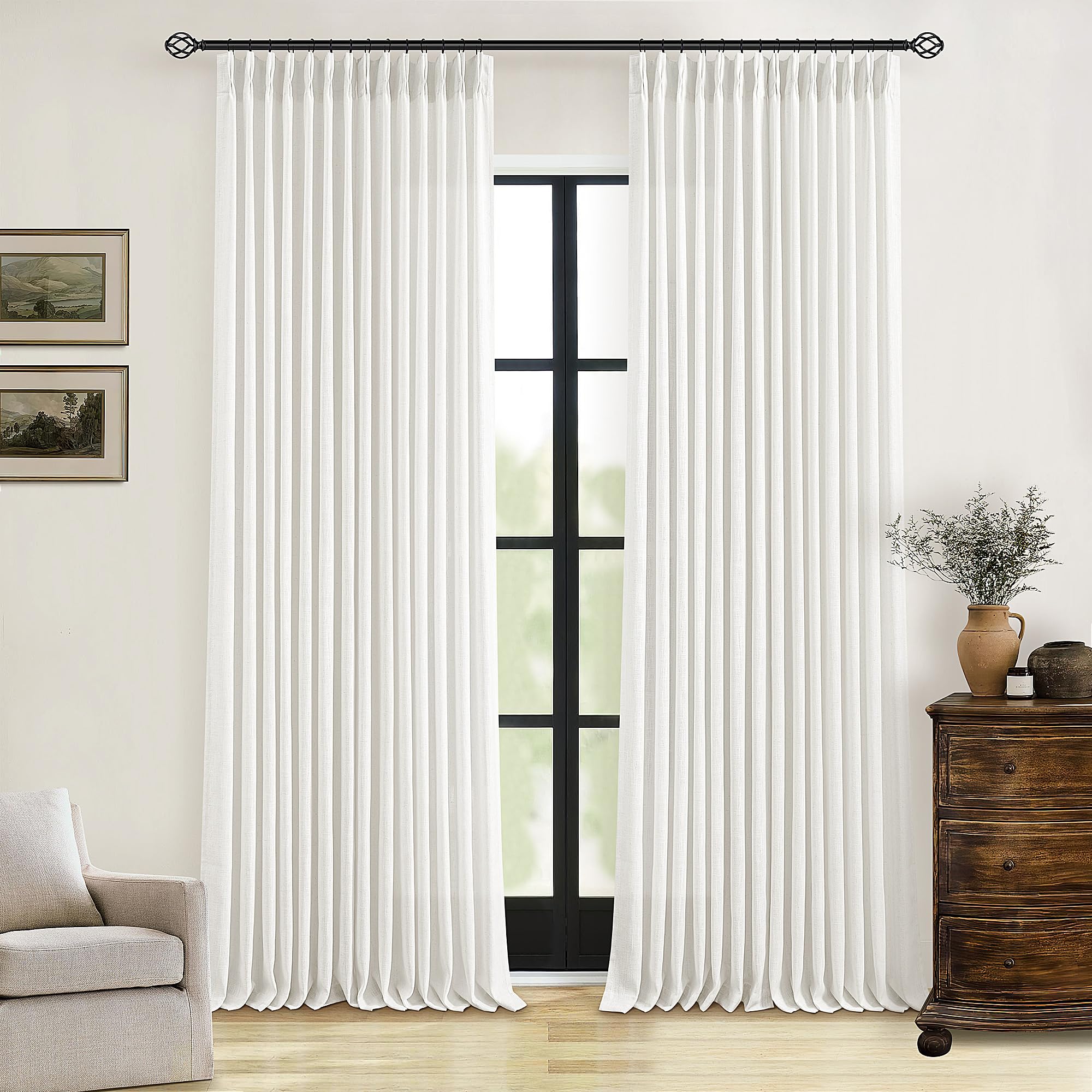 90 Inch Pinch Pleated Linen Curtains 2 Panel Set for Living Room Cream Natural Thick Linen Textured Drapes 90 Inches Long Pinch Pleat Drapes Birch Ivory Semi Sheer Curtain for Dining Bedroom Office
