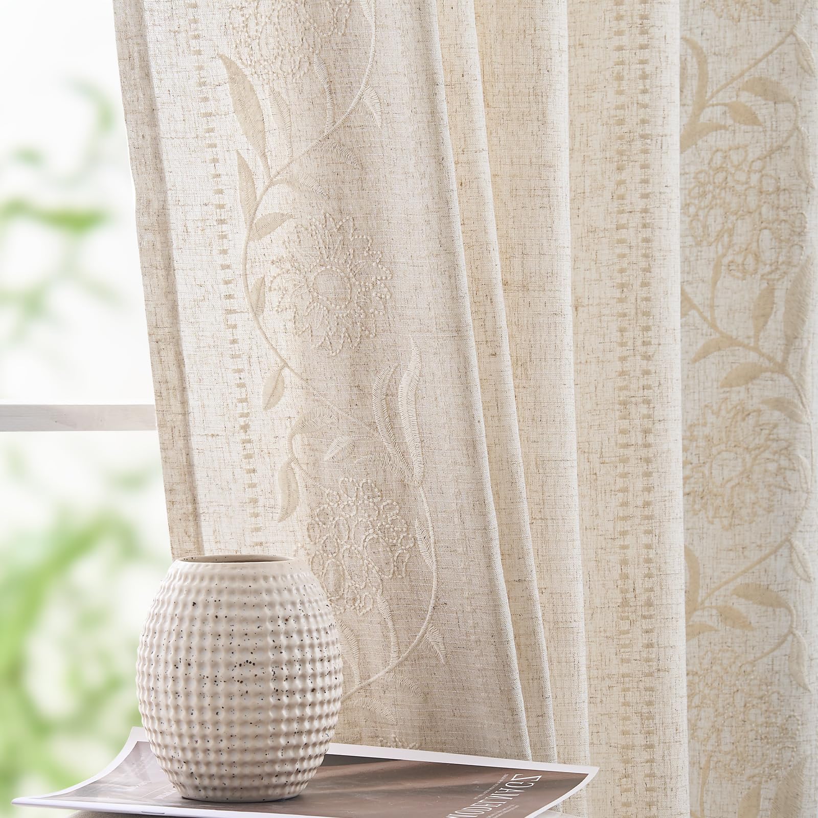jinchan Winslow Linen Curtains for Bedroom 84 Inches Length Embroidered Bordered Floral Curtains for Living Room Farmhouse Decor Light Filtering Window Treatments Sage on Beige Drapes 2 Panels