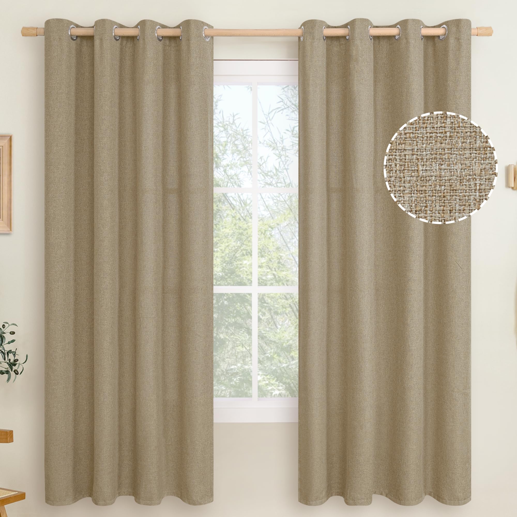 LAMIT Natural Beige Linen Curtains for Bedroom, 84 inches Grommet Thermal Insulated Thick Burlap Farmhouse Neutral Curtains Noise Reducing Light Filtering Drapes for Living Room, 2 Panels, W60 x L84