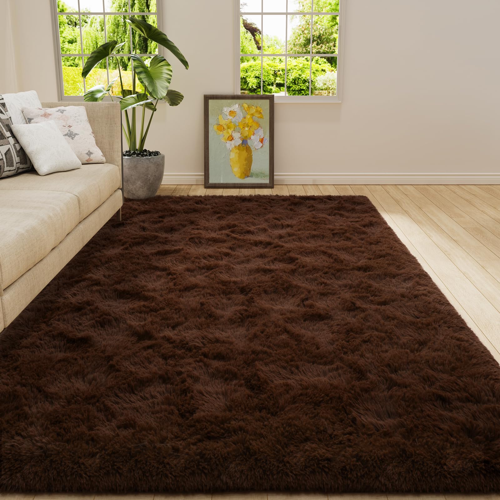 Amearea Yellow 6×9ft Soft Shag Rug, Non-slip Fluffy Carpet for Bedroom, Living Room & Nursery