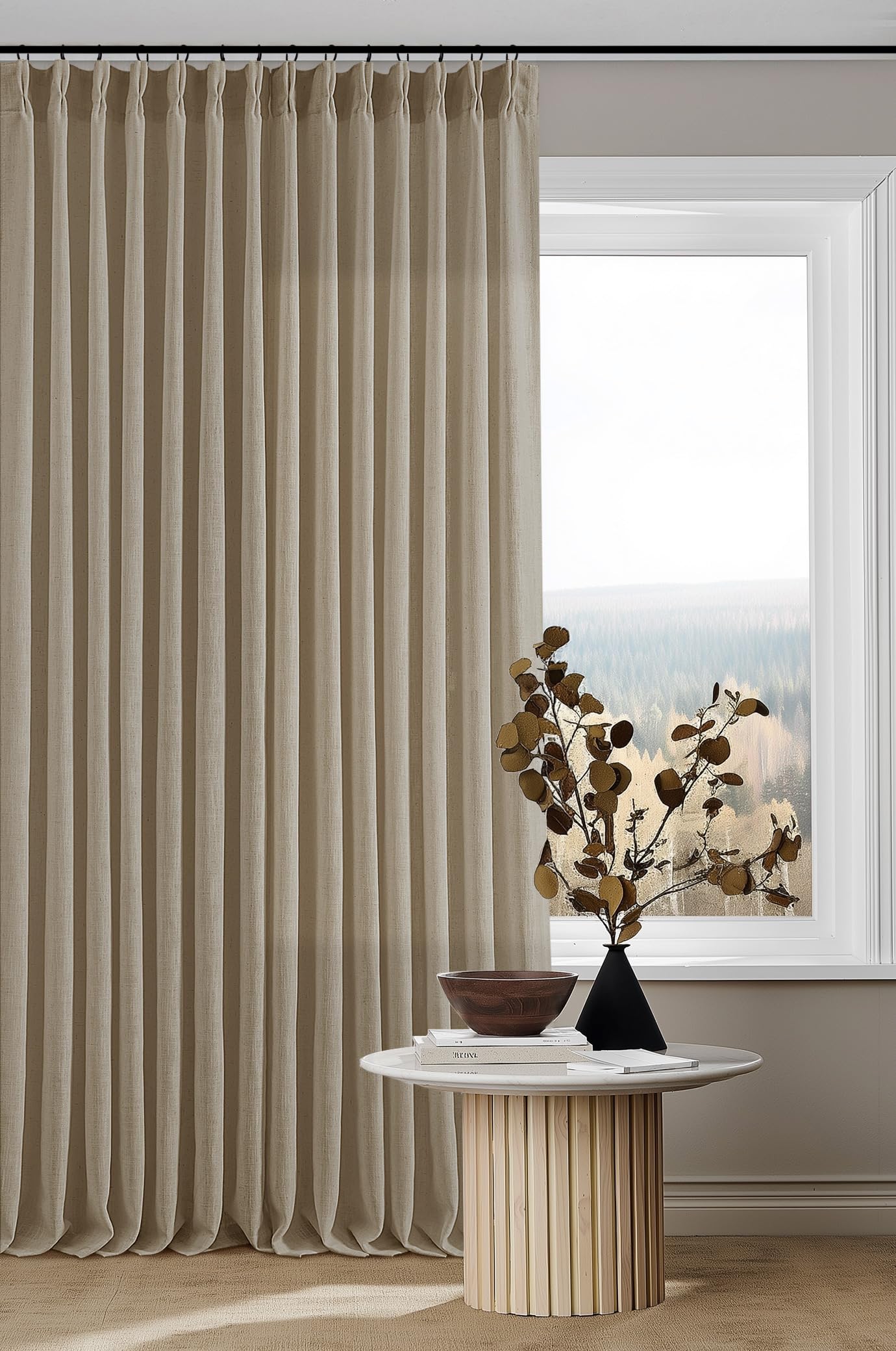 90 Inch Pinch Pleated Linen Curtains 2 Panel Set for Living Room Cream Natural Thick Linen Textured Drapes 90 Inches Long Pinch Pleat Drapes Birch Ivory Semi Sheer Curtain for Dining Bedroom Office