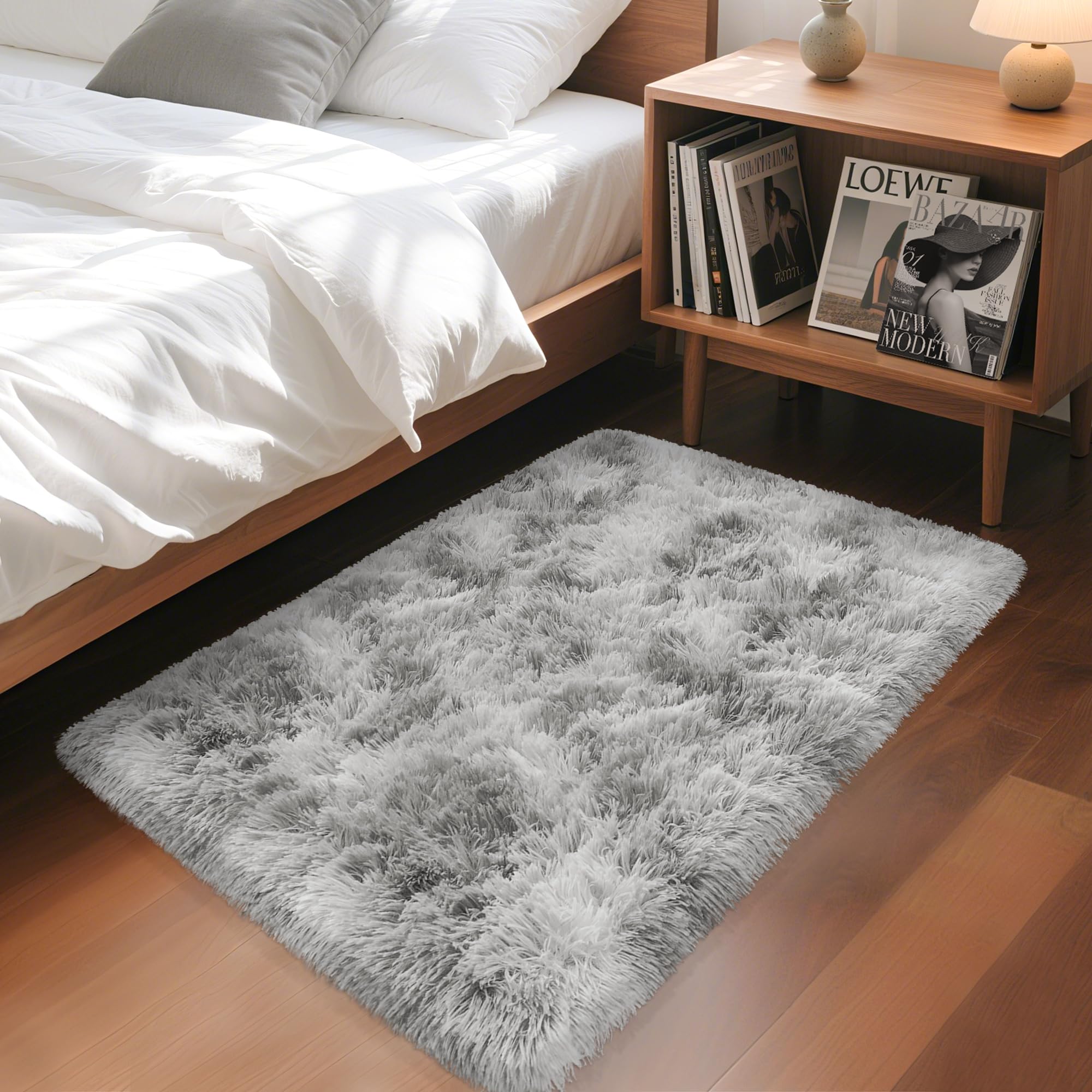 5x8 Ft Light Grey Large Area Rugs for Bedroom,Fluffy Furry Rug Floor Carpets Shaggy Playing Mat for Kids Baby Girls Room Nursery Home Decor Tie Dyed Gray Thick Rugs Fuzzy Home Decor