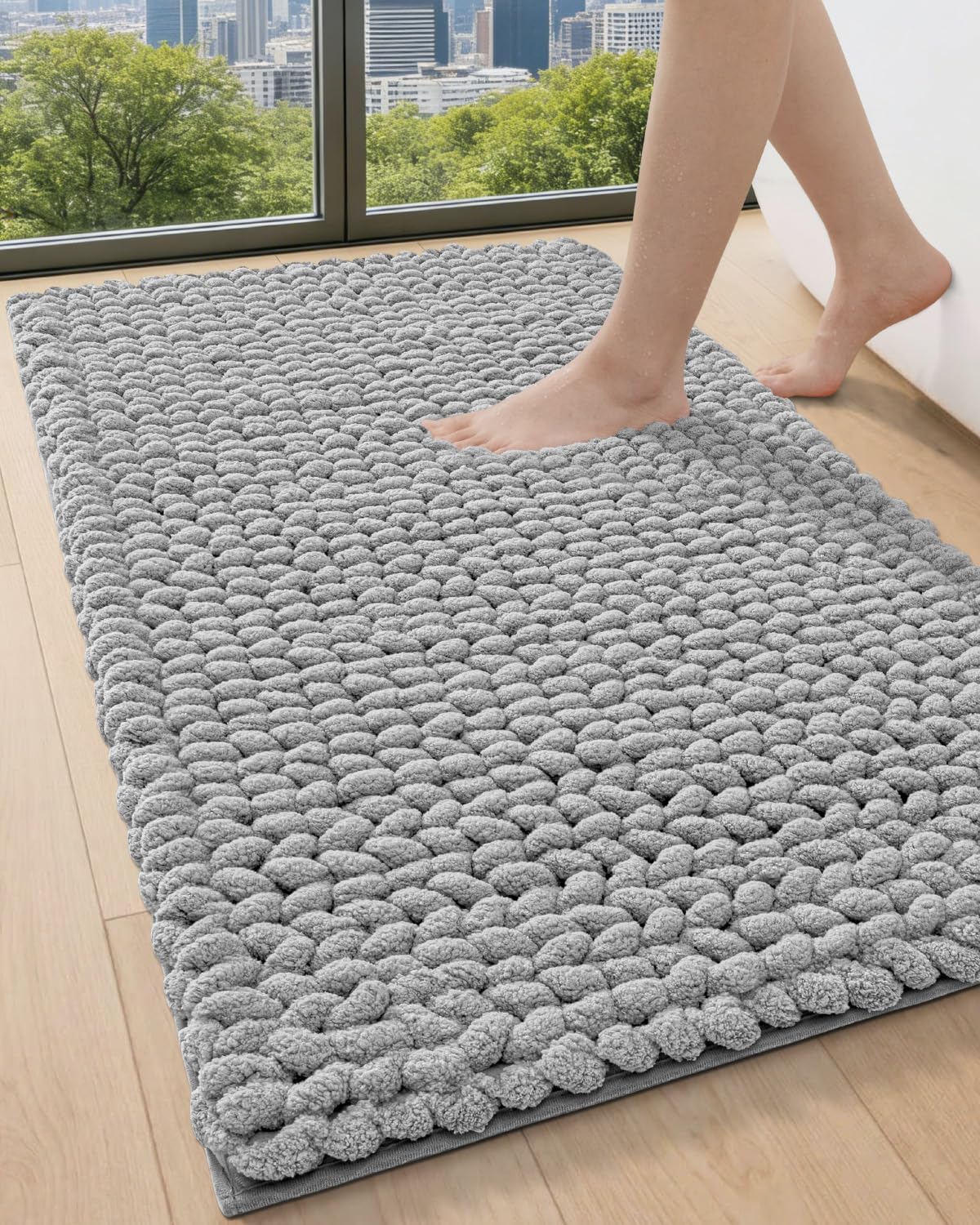 DEXI Bathroom Rugs 24x43, Non Slip Washable Bath Mat, Luxury Chenille Super Absorbent Ultra Thick Bathmats for Shower Floor, Plush Fluffy Shaggy Carpet for Tub, Beige