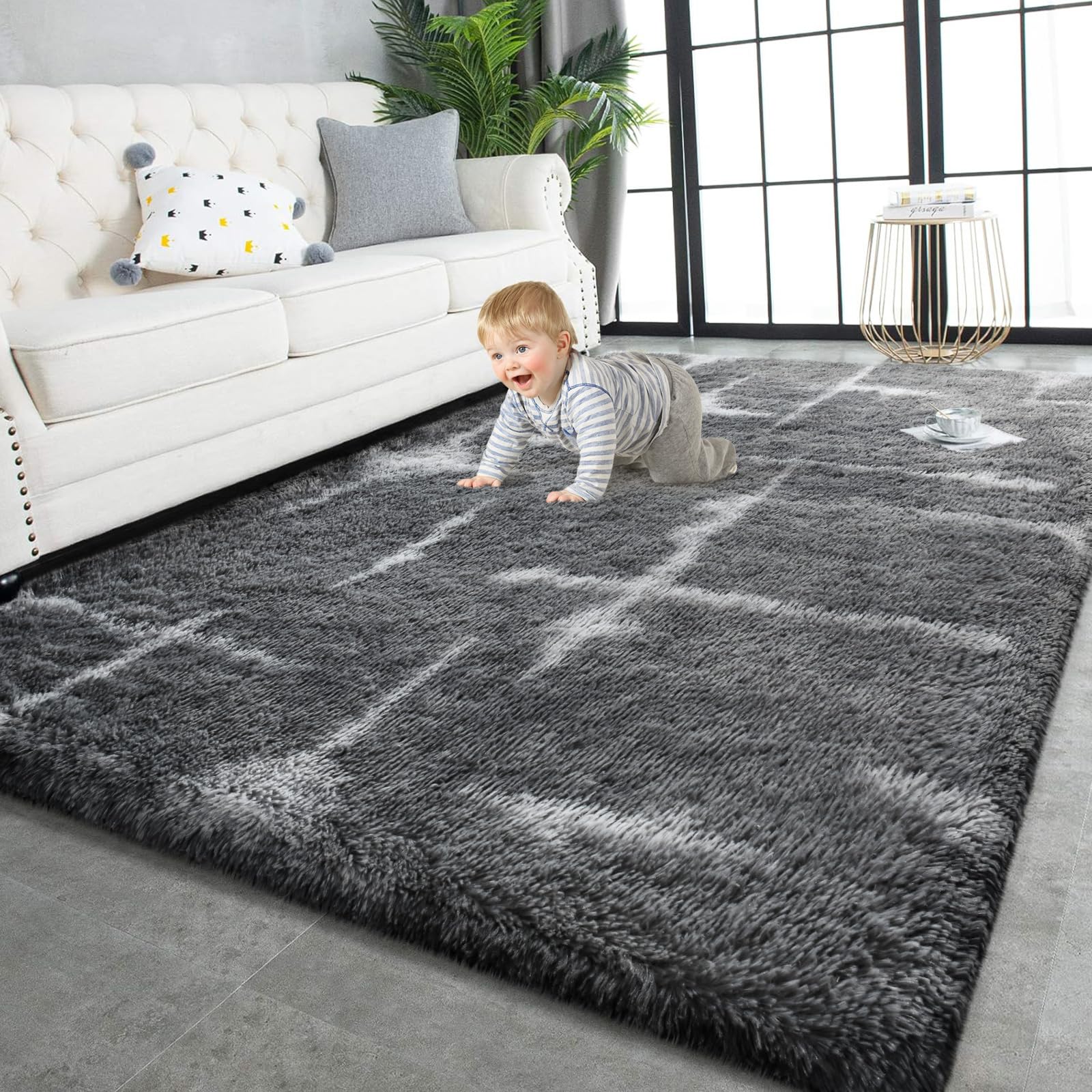 TWINNIS Super Soft Shaggy Rugs Fluffy Carpets, 6x9 Feet, Indoor Modern Plush Area Rugs for Living Room Bedroom Kids Room Nursery Home Decor, Upgrade Anti-Skid Rectangular Fuzzy Rug, Black Gray