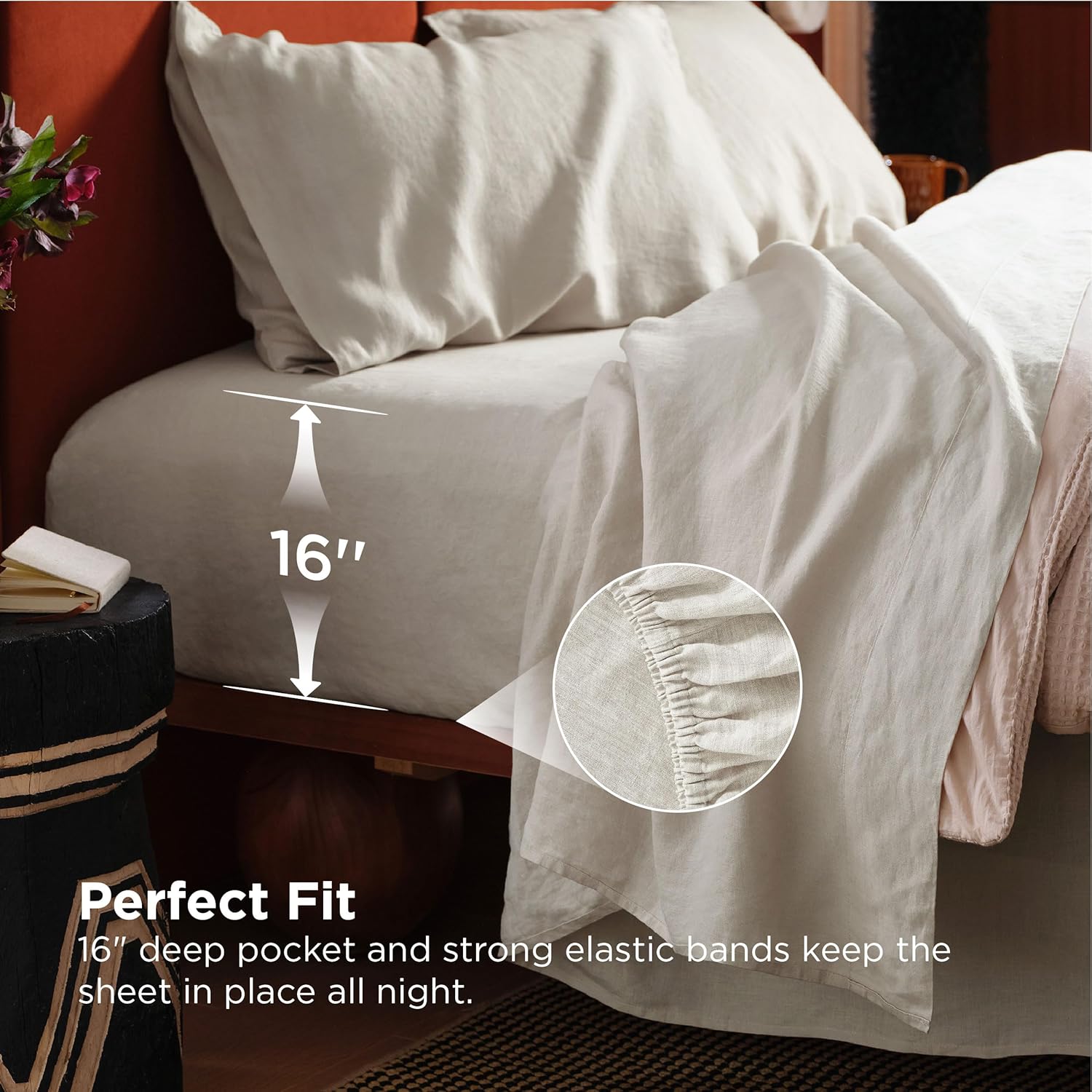 Bedsure Queen Bed Sheets - Cotton Linen Sheet Set, PureWoven Soft, Breathable & Anti - Pilling, Deep Pocket Queen Fitted Bedsheets Up to 16 Inches, 4 Pieces, Linen