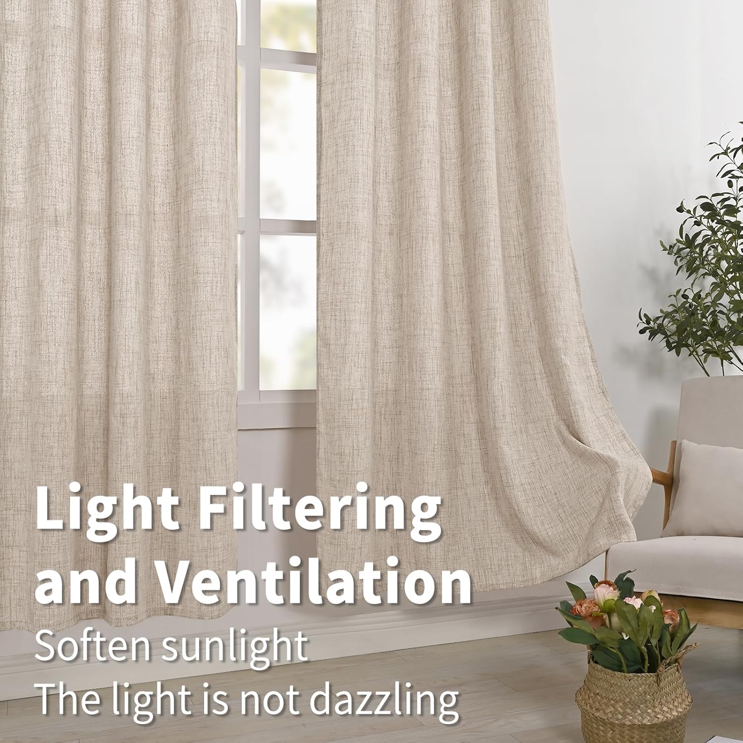 BGment Long 102 Inch Length Linen Curtains for Living Room, Natural Rod Pocket Textured Burlap Drapes Rustic Country Light Filtering for Bedroom Semi Sheer Back Tab, 2 Panel, 52 Inch Wide Each Panel