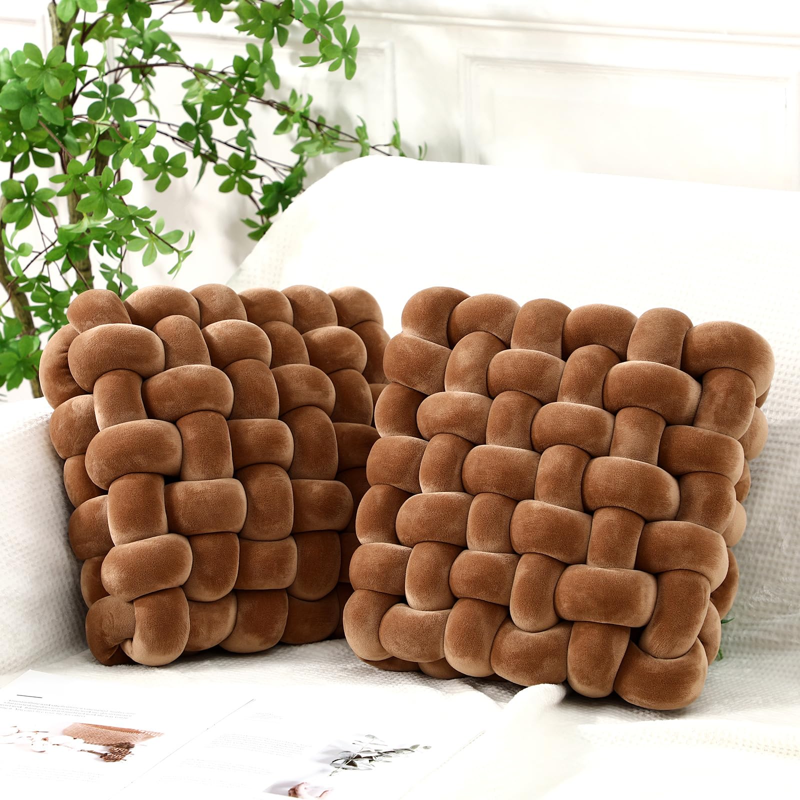 Wenqik 2 Pcs Knot Pillows Square Knotted Plush Throws Soft Accent Pillows Decoration Cushion for Couch Home Office Living Room Bedroom Bed Sofa Decor, 12'' x 13''(Cream White,Lambswool)