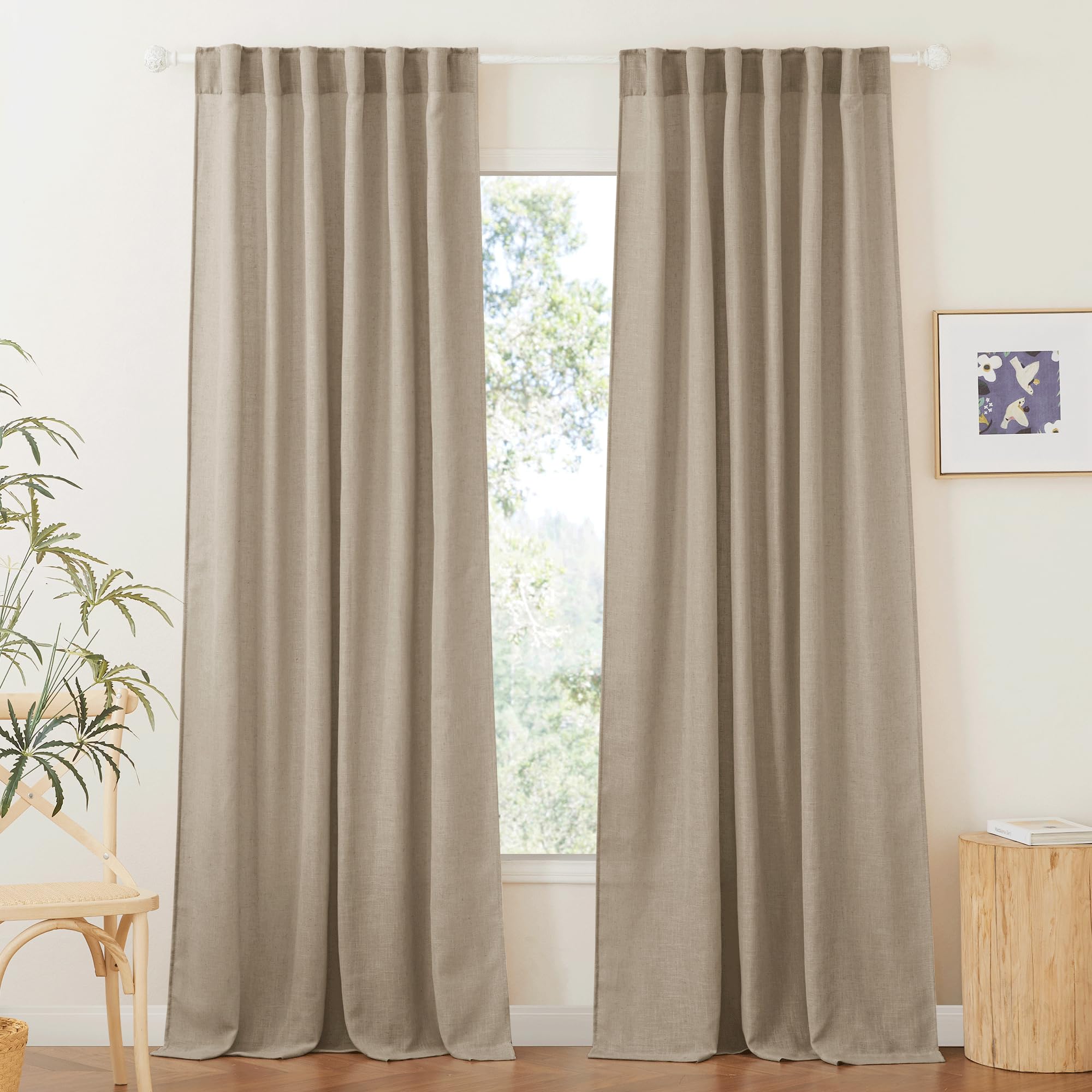 RYB HOME Farmhouse Sheer Curtains 108 inch Length, Semi Sheer Curtain & Drapes Large Window Dressing Lights & Winds Filter for Bedroom Home Office Living Room, Linen, W 70 x L 108 inch Long, 1 Pair