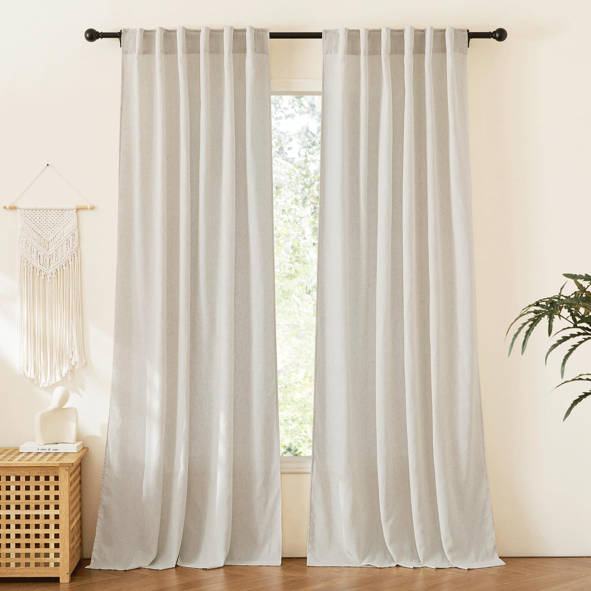 RYB HOME Farmhouse Sheer Curtains 108 inch Length, Semi Sheer Curtain & Drapes Large Window Dressing Lights & Winds Filter for Bedroom Home Office Living Room, Linen, W 70 x L 108 inch Long, 1 Pair