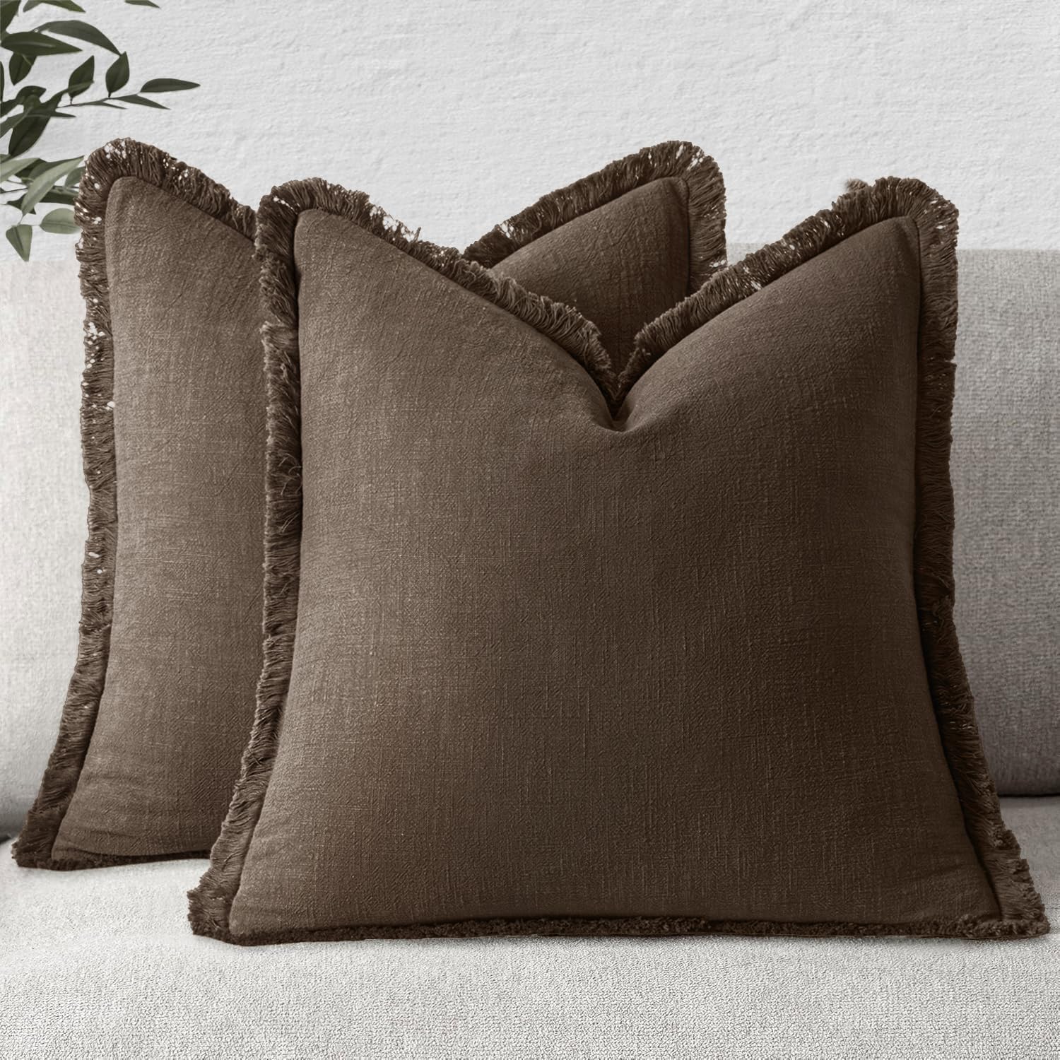 MIULEE Decorative Throw Pillow Covers Neutral Linen Fringe Throw Pillows Euro Shams Set of 2 Sage Green Boho Farmhouse Cushion Covers for Couch Sofa Bed Living Room Spring Home Decor 26x26 Inch