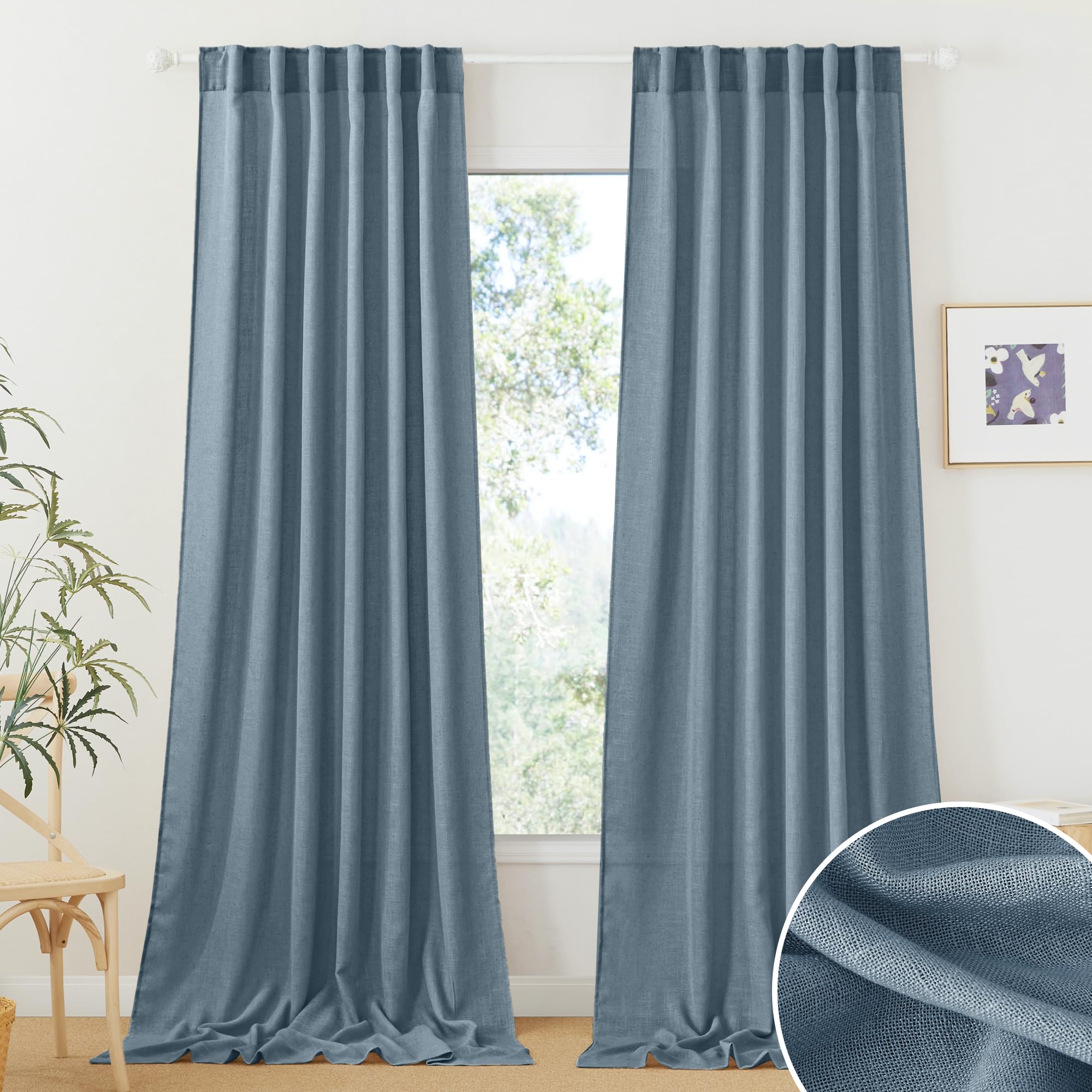 RYB HOME Farmhouse Sheer Curtains 108 inch Length, Semi Sheer Curtain & Drapes Large Window Dressing Lights & Winds Filter for Bedroom Home Office Living Room, Linen, W 70 x L 108 inch Long, 1 Pair
