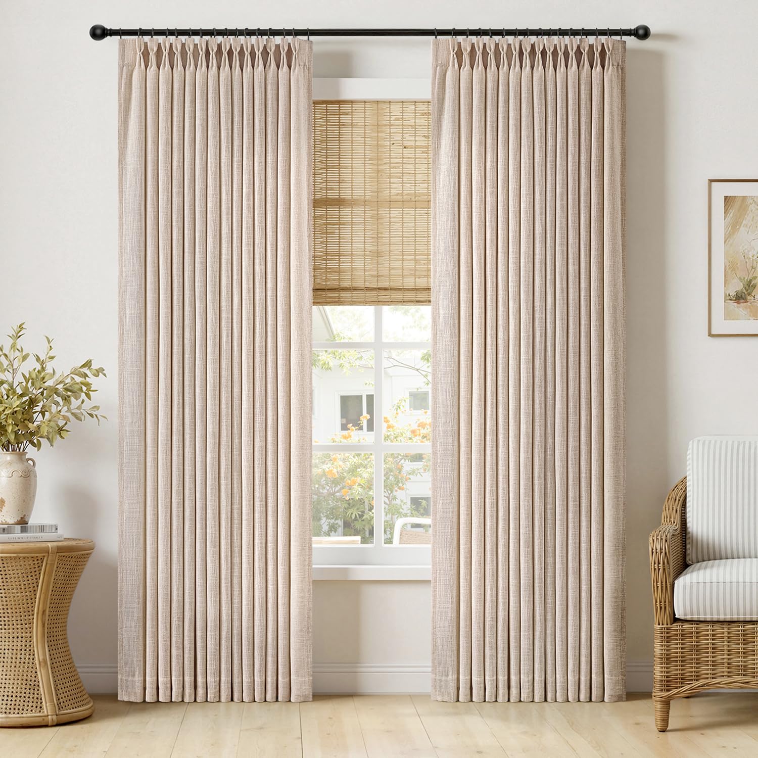 MIULEE Pinch Pleated Thick Linen Curtains 90 Inches Long 2 Panels for Living Room Bedroom, Linen Texture Memory Trained Drapes Pinch Pleat Rustic Farmhouse Window Curtains with Hooks&Rings, Taupe