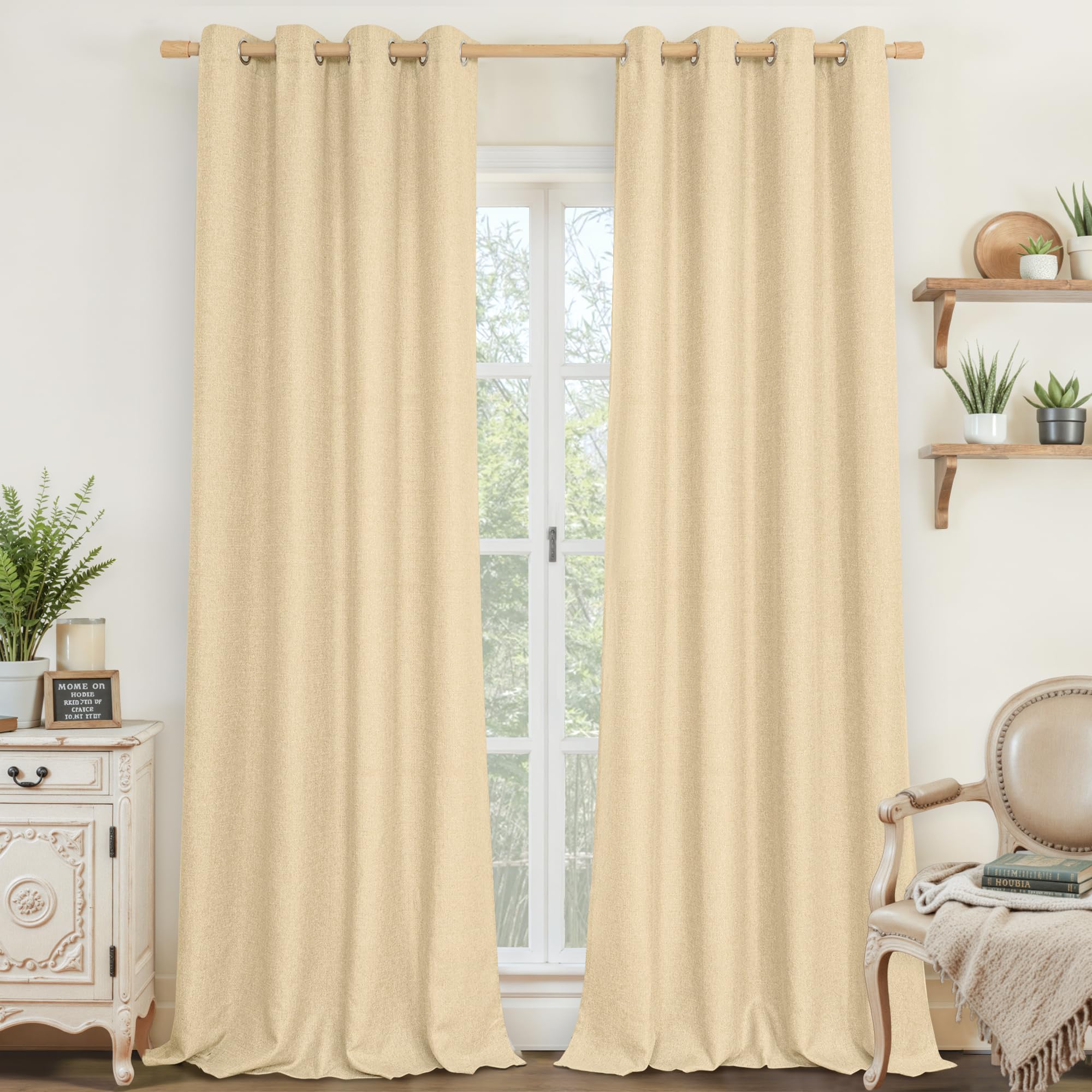 LAMIT Natural Beige Linen Curtains for Bedroom, 84 inches Grommet Thermal Insulated Thick Burlap Farmhouse Neutral Curtains Noise Reducing Light Filtering Drapes for Living Room, 2 Panels, W60 x L84