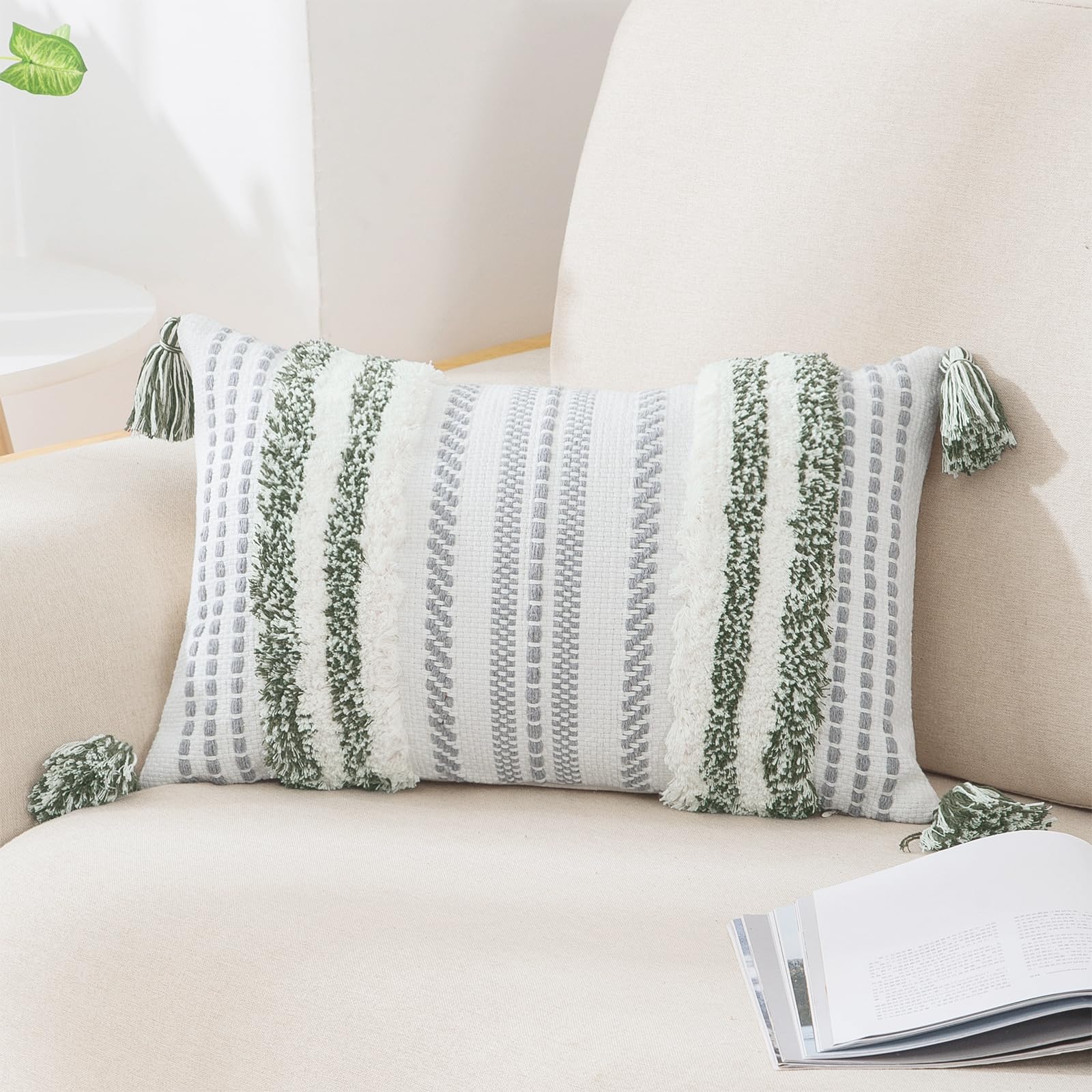decorUhome Summer Decorative Boho Throw Pillow Covers 20x20 Set of 2, Accent Neutral Textured Tufted Pillow Covers Striped for Couch Bed Sofa Living Room, Light Grey and Cream White