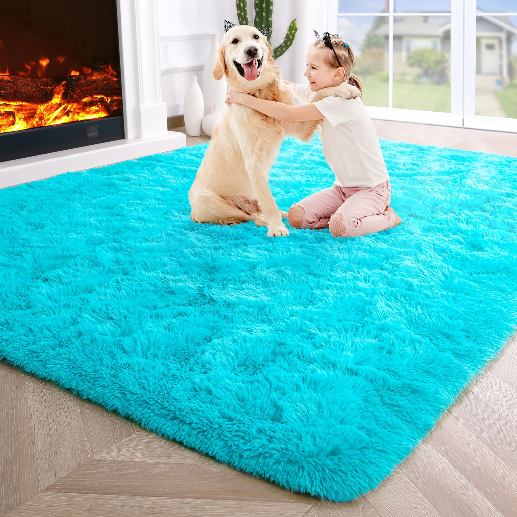 8x10 Extra Large Green Area Rug for Living Room Bedroom Dining Room, Fluffy Shag Soft Plush Furry Carpet Solid Color, Non-Slip Indoor Floor Mat for Kids Home Decor