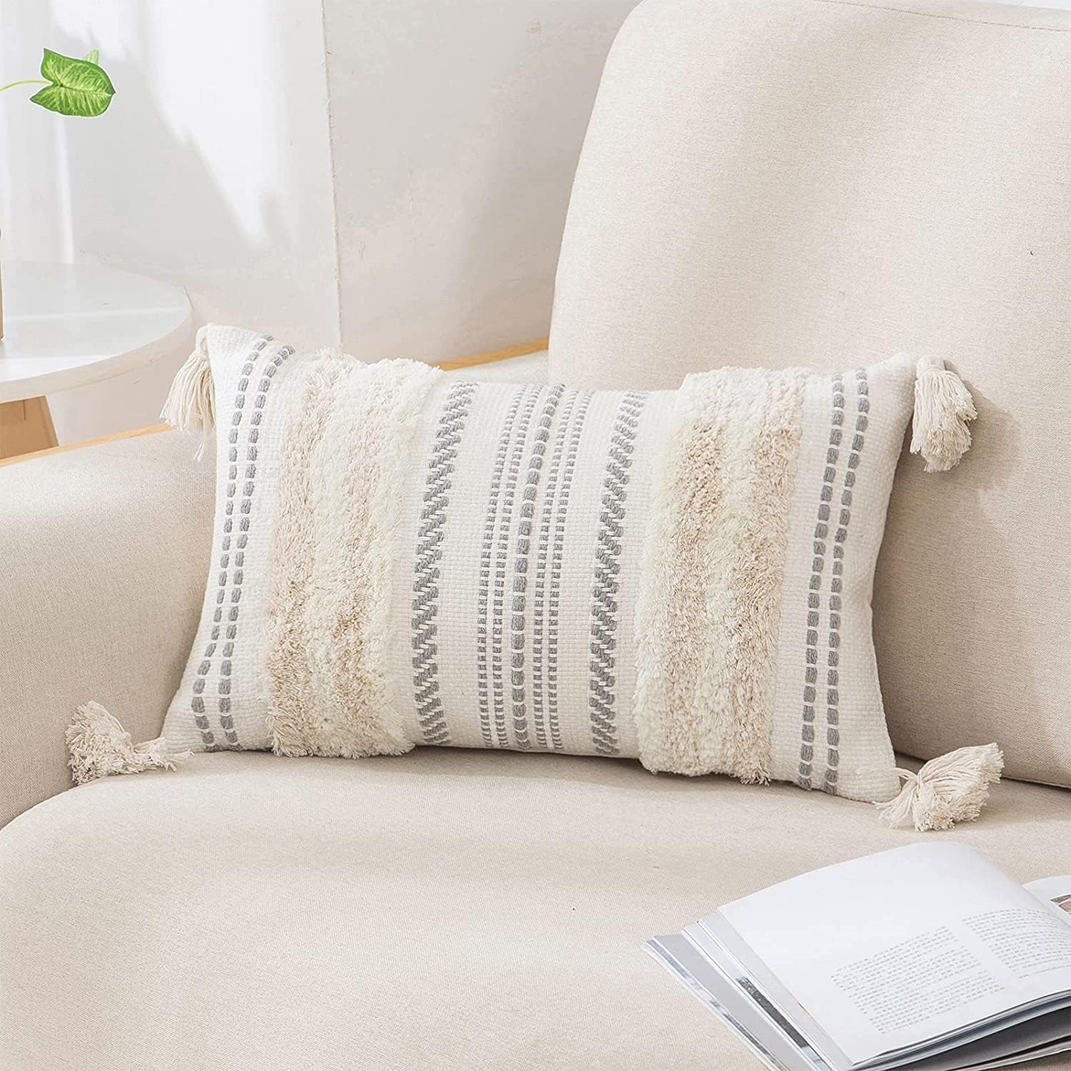 decorUhome Summer Decorative Boho Throw Pillow Covers 20x20 Set of 2, Accent Neutral Textured Tufted Pillow Covers Striped for Couch Bed Sofa Living Room, Light Grey and Cream White
