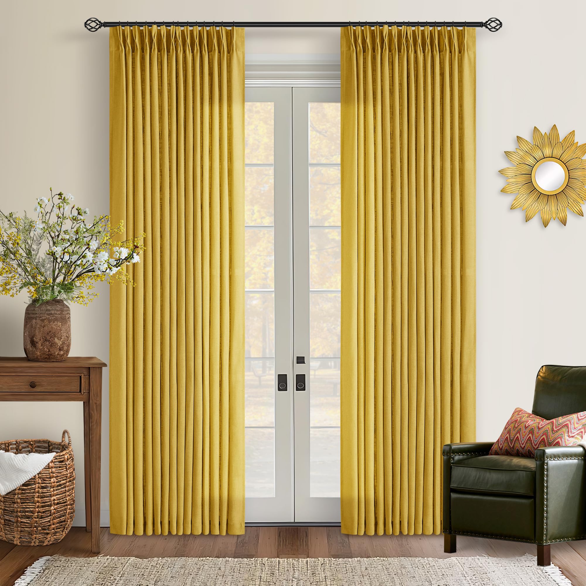 90 Inch Pinch Pleated Linen Curtains 2 Panel Set for Living Room Cream Natural Thick Linen Textured Drapes 90 Inches Long Pinch Pleat Drapes Birch Ivory Semi Sheer Curtain for Dining Bedroom Office