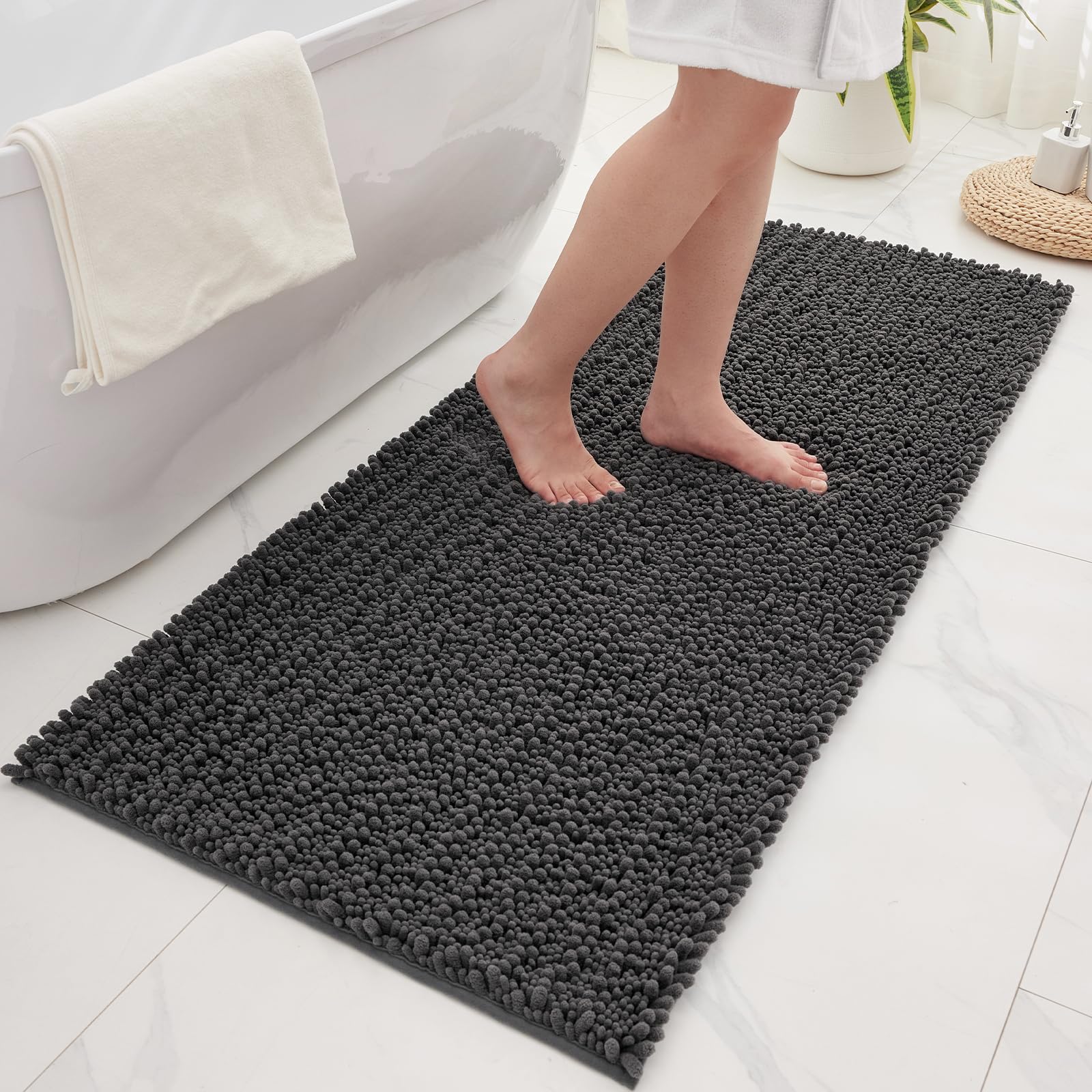 Bathroom Rugs Non Slip Washable 70x24, Extra Thick Soft Chenille Absorbent Bath Mat, High Density Barrier Non Slip Backing, Quick Dry Plush Shaggy Floor Carpet for Tub&Shower, White