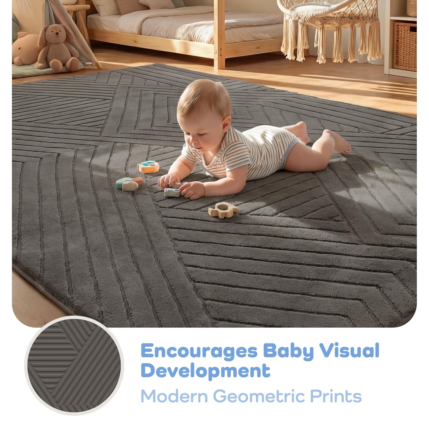Baby Play Mat for Floor 1.3" Thick Soft Fluffy Shaggy Rug for Toddler Infant Kids Crawling, 79"x 118" Nursery Mat Bedroom Living Room Waterproof Easy Care Non-Slip (Dark Grey)