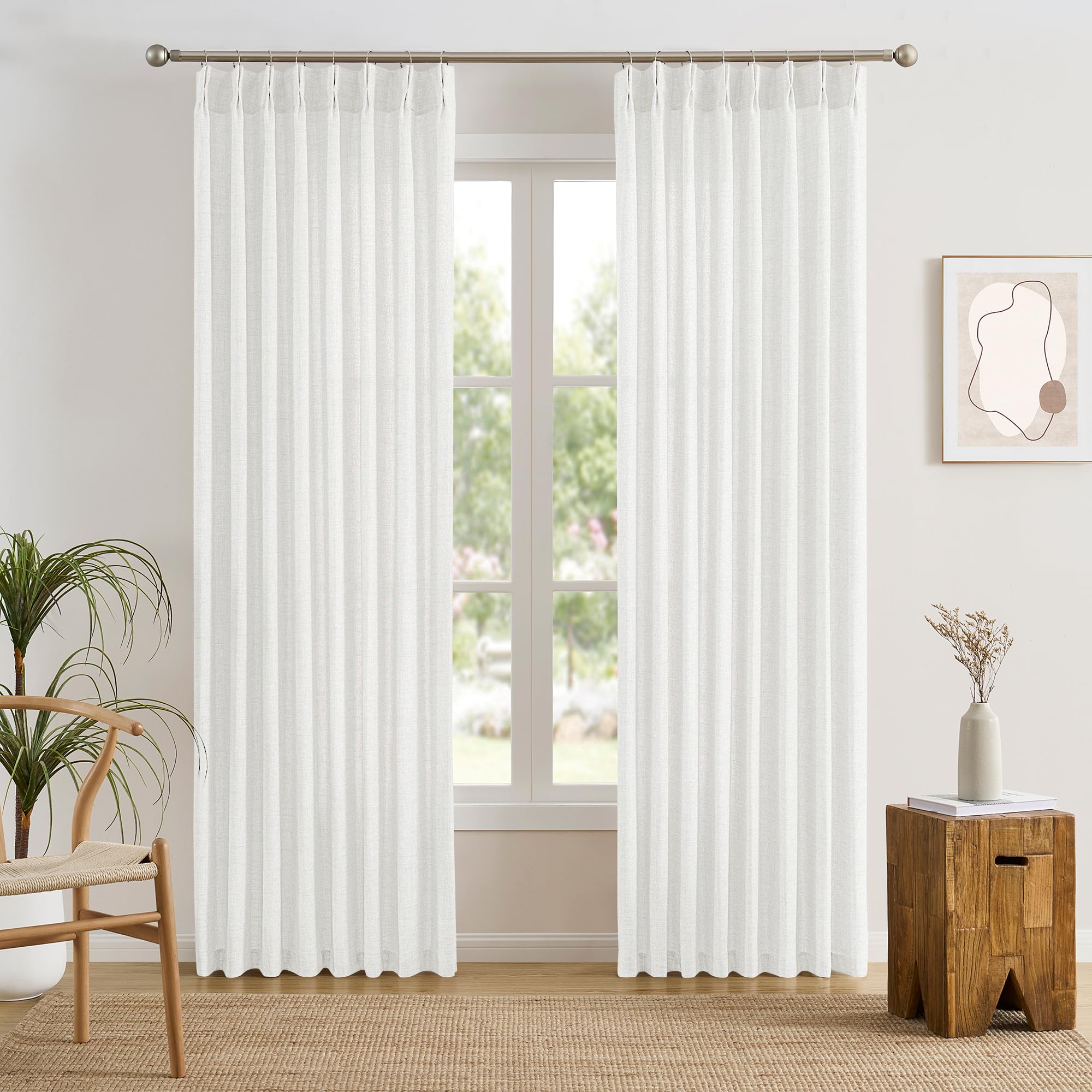 RAIN CITY 102 Inch Curtains Pinch Pleated 2 Panels Set, Back Tab with Hooks Semi Sheer Linen Curtains for Living Room Primitive Window Drapes for Sliding Door Sand Beach Decor 42 Each Wide