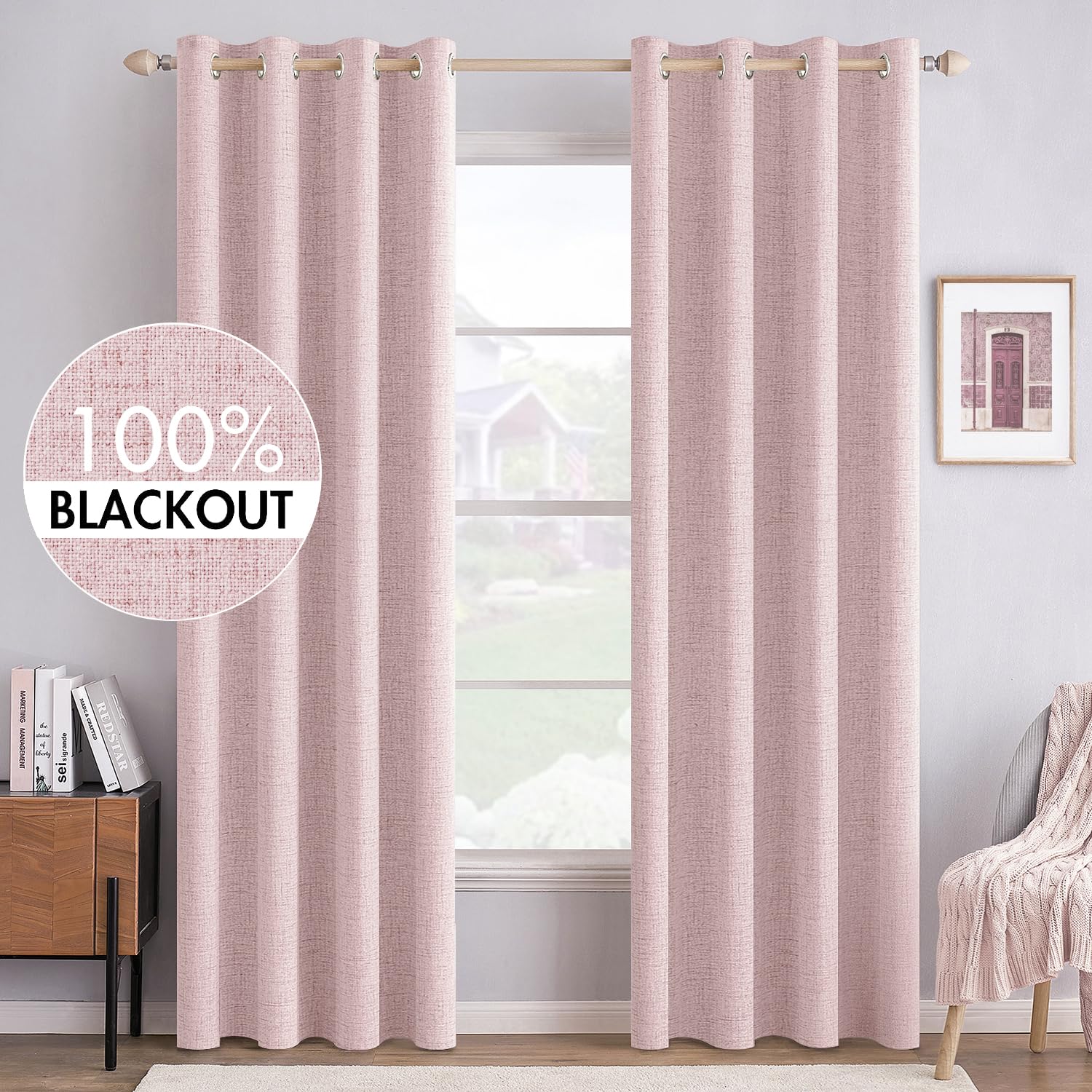 MIULEE 100% Blackout Linen Curtains for Bedroom Thermal Insulated Birch Grommet Room Darkening Curtains & Drapes for Living Room Nursery 52 x 96 Inch (2 Panels)