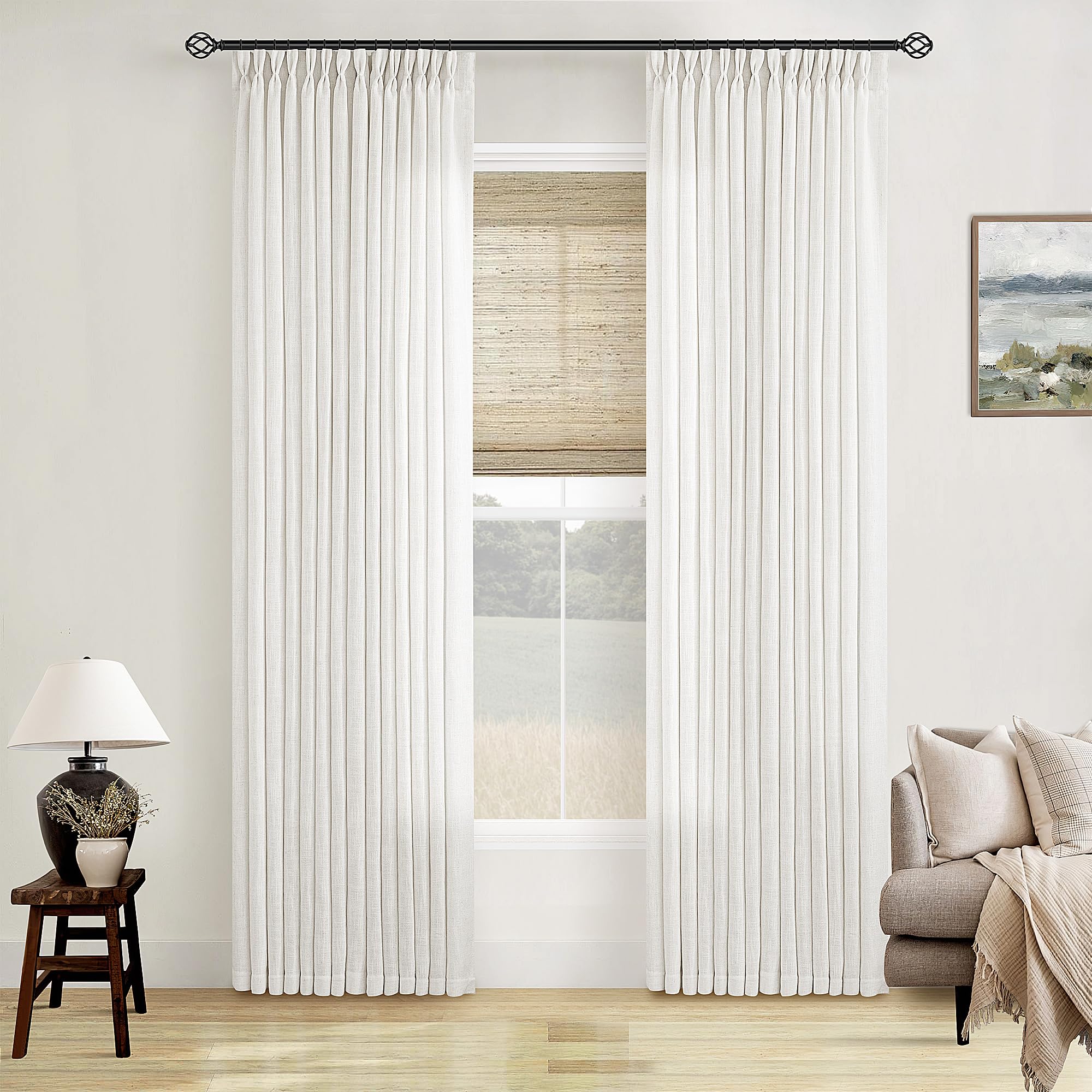 90 Inch Pinch Pleated Linen Curtains 2 Panel Set for Living Room Cream Natural Thick Linen Textured Drapes 90 Inches Long Pinch Pleat Drapes Birch Ivory Semi Sheer Curtain for Dining Bedroom Office
