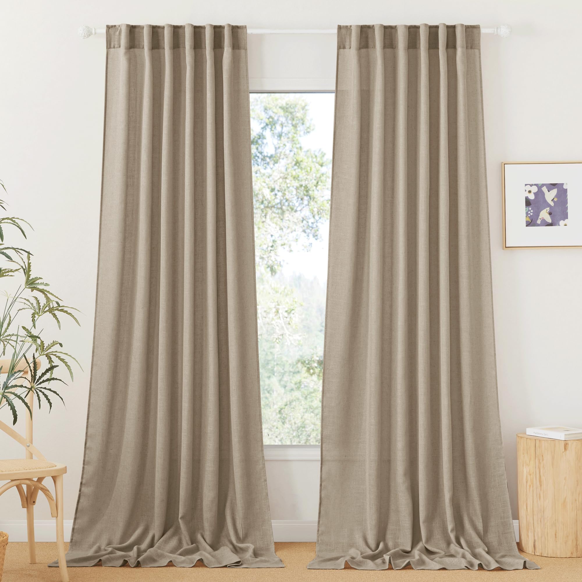RYB HOME Farmhouse Sheer Curtains 108 inch Length, Semi Sheer Curtain & Drapes Large Window Dressing Lights & Winds Filter for Bedroom Home Office Living Room, Linen, W 70 x L 108 inch Long, 1 Pair