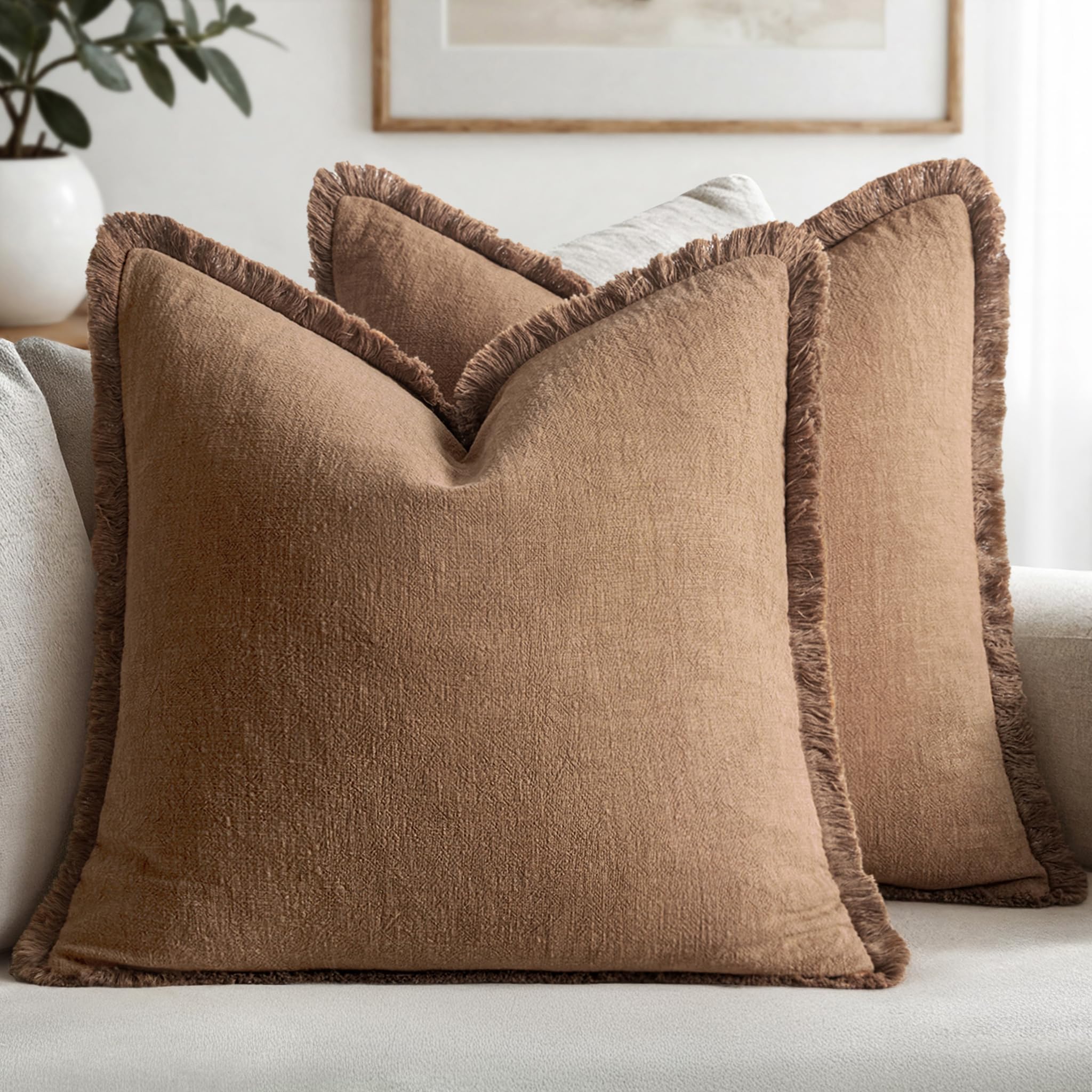 MIULEE Decorative Throw Pillow Covers Neutral Linen Fringe Throw Pillows Set of 2 Natural Linen Boho Farmhouse Cushion Covers with Tassels for Couch Sofa Bed Spring Home Decor 28x28 Inch
