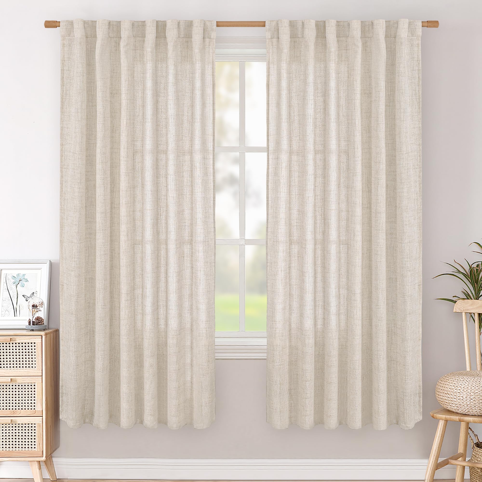 BGment Long 102 Inch Length Linen Curtains for Living Room, Natural Rod Pocket Textured Burlap Drapes Rustic Country Light Filtering for Bedroom Semi Sheer Back Tab, 2 Panel, 52 Inch Wide Each Panel