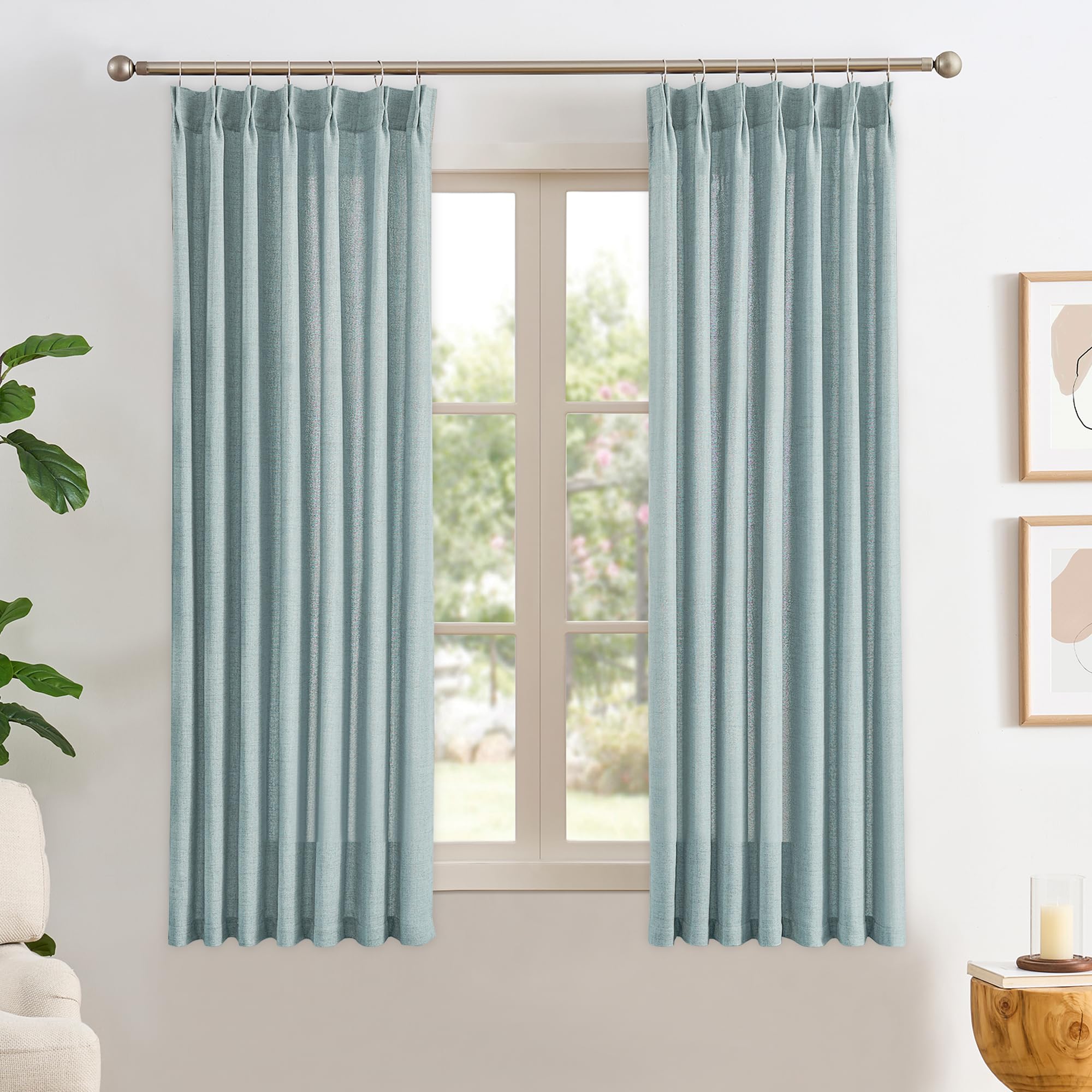 RAIN CITY 102 Inch Curtains Pinch Pleated 2 Panels Set, Back Tab with Hooks Semi Sheer Linen Curtains for Living Room Primitive Window Drapes for Sliding Door Sand Beach Decor 42 Each Wide