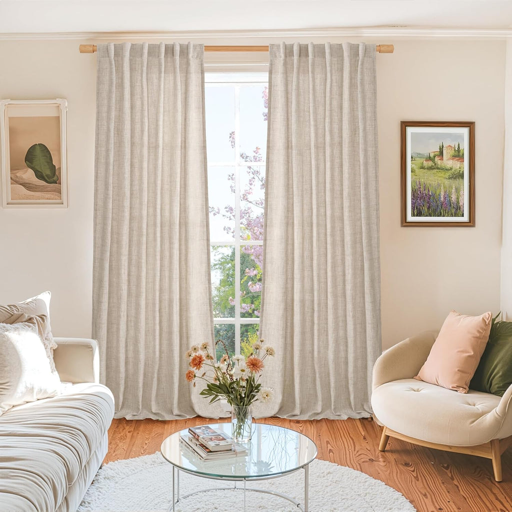 BGment Long 102 Inch Length Linen Curtains for Living Room, Natural Rod Pocket Textured Burlap Drapes Rustic Country Light Filtering for Bedroom Semi Sheer Back Tab, 2 Panel, 52 Inch Wide Each Panel